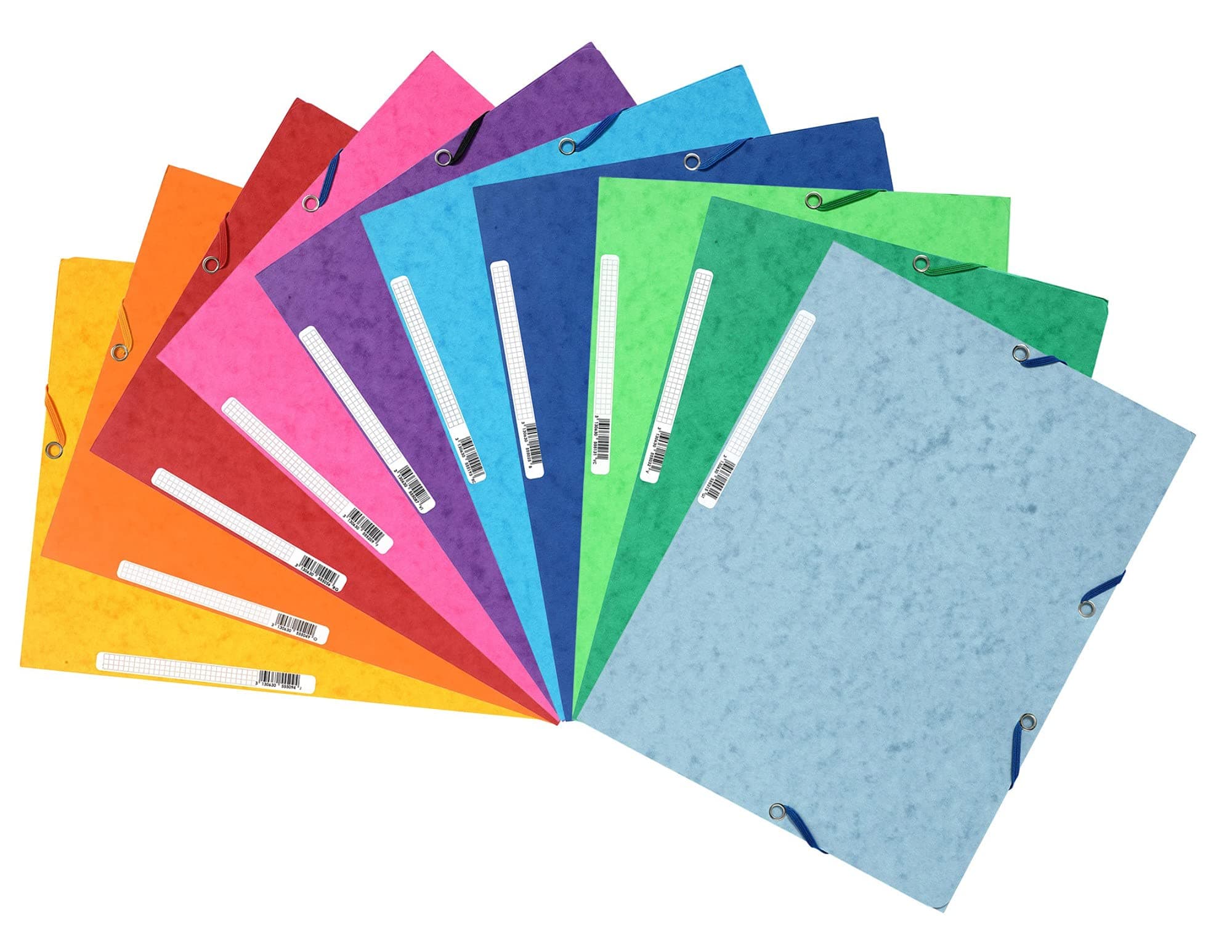 Ref 55510E - Elasticated 3-Flap Folders - Suitable for Holding A4 Documents, 400gsm Glossy Card, Spine Label for Identification - Assorted Colours (Pack of 10)