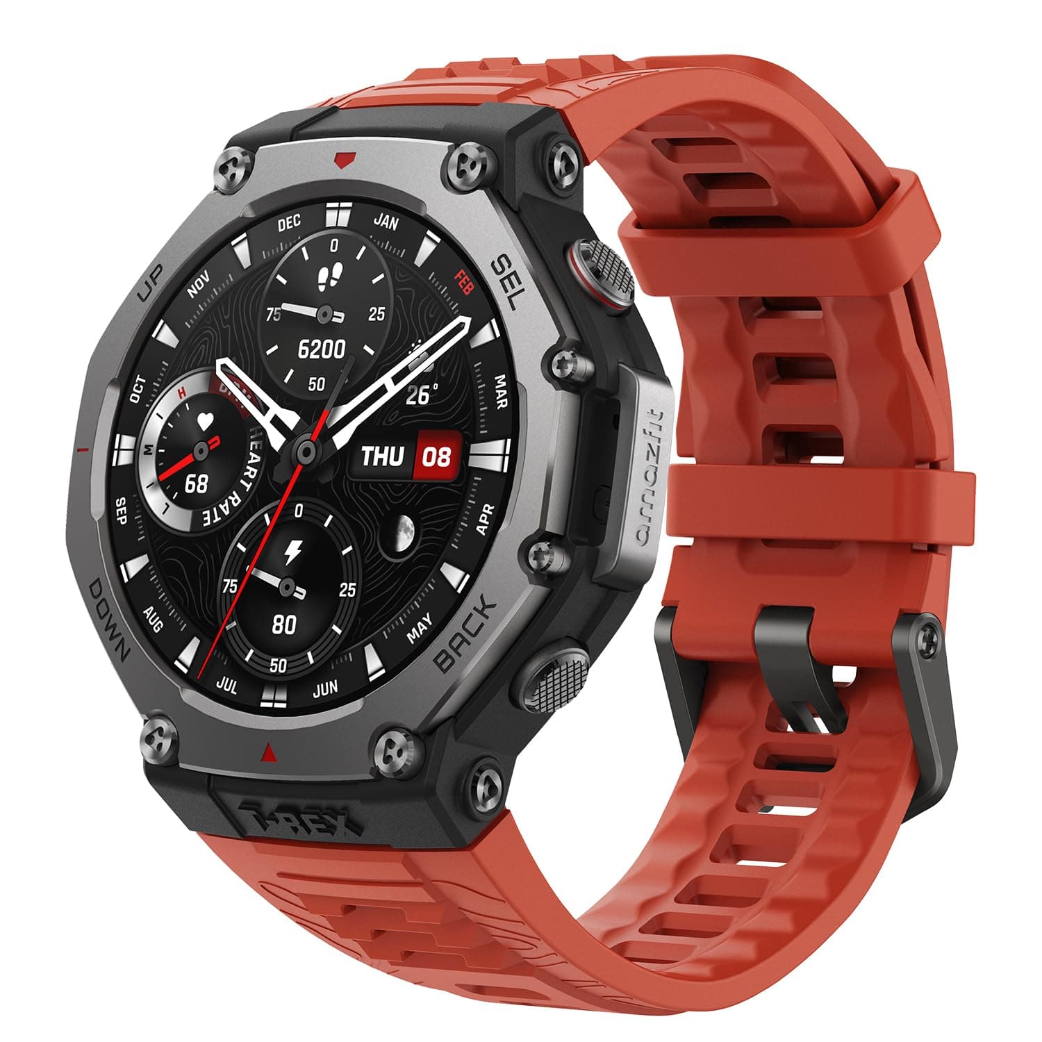 T-Rex 3 Rugged/Military Smart Watch 48mm, 27 Day Battery, GPS (with Privacy), Offline Maps, 328 Feet Water-Resistant, 170 Fitness/Sport Modes, AI, Voice Control, for Android or iPhone, Lava