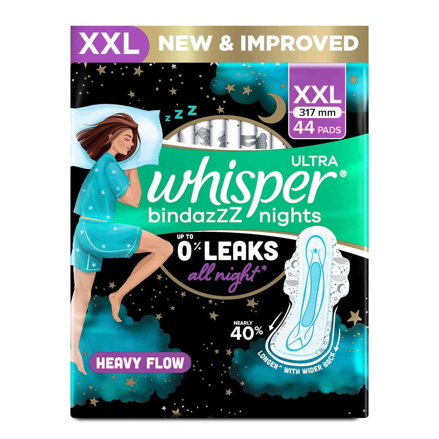 Bindazzz Nights 44 XXL Sanitary Pads, Upto 0% Leaks All Night Long, For Heavy Flow, Nearly 40% Longer with Wider Back, Active odor lock so you feel fresh, Disposable Wrapper