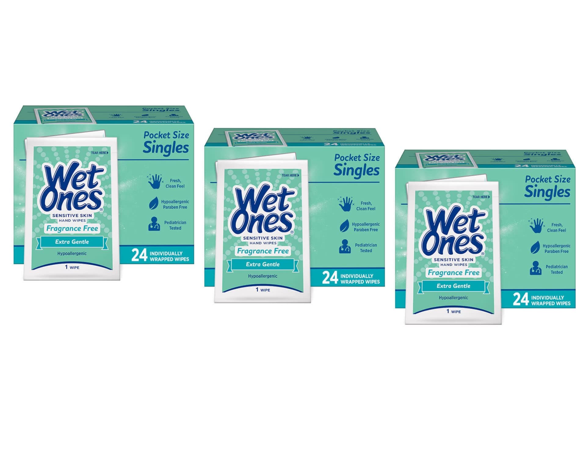 WET ONES Sensitive Skin Hand Wipes, Singles Extra Gentle Fragrance & Alcohol Free 24 ea ( Pack of 3)