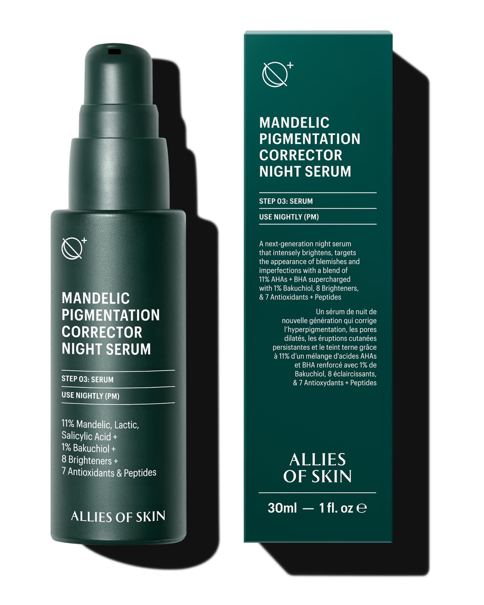 Allies of Skin Mandelic Pigmentation Corrector Night Serum: Mandelic, Lactic & Salicylic Acid, Hyaluronic Acid, Niacinamide, Bakuchiol, Rosehip & Tamanu Oils. Exfoliate & Target Uneven Skin Tone 1 oz