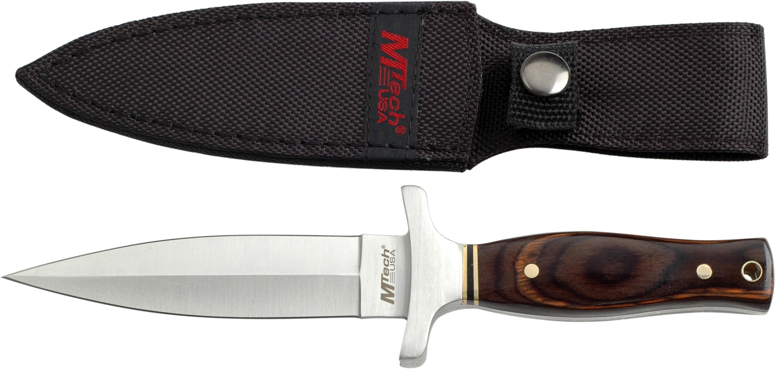 MTech USA – Fixed Blade Knife – Satin Finish Stainless Steel Blade, Brown Wood Handle with Stainless Steel Bolster, Includes Nylon Sheath - Hunting, Camping, Survival, Tactical – MT-20-03