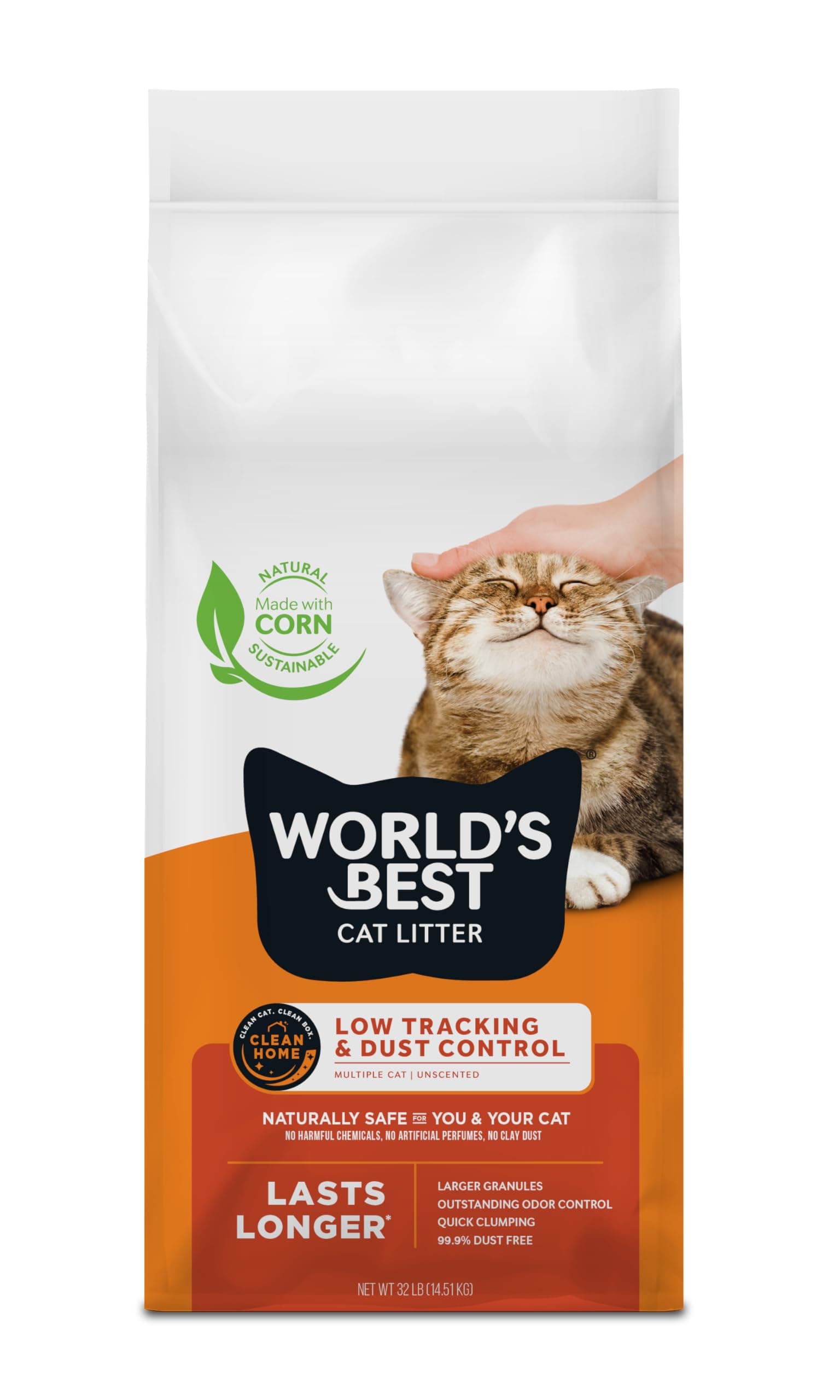WORLD'S BEST CAT LITTER Low Tracking & Dust Control Multiple Cat Unscented 32-Pounds - Natural Ingredients, Quick Clumping, Flushable & Made in USA - Long-Lasting Odor Control & Easy Scooping
