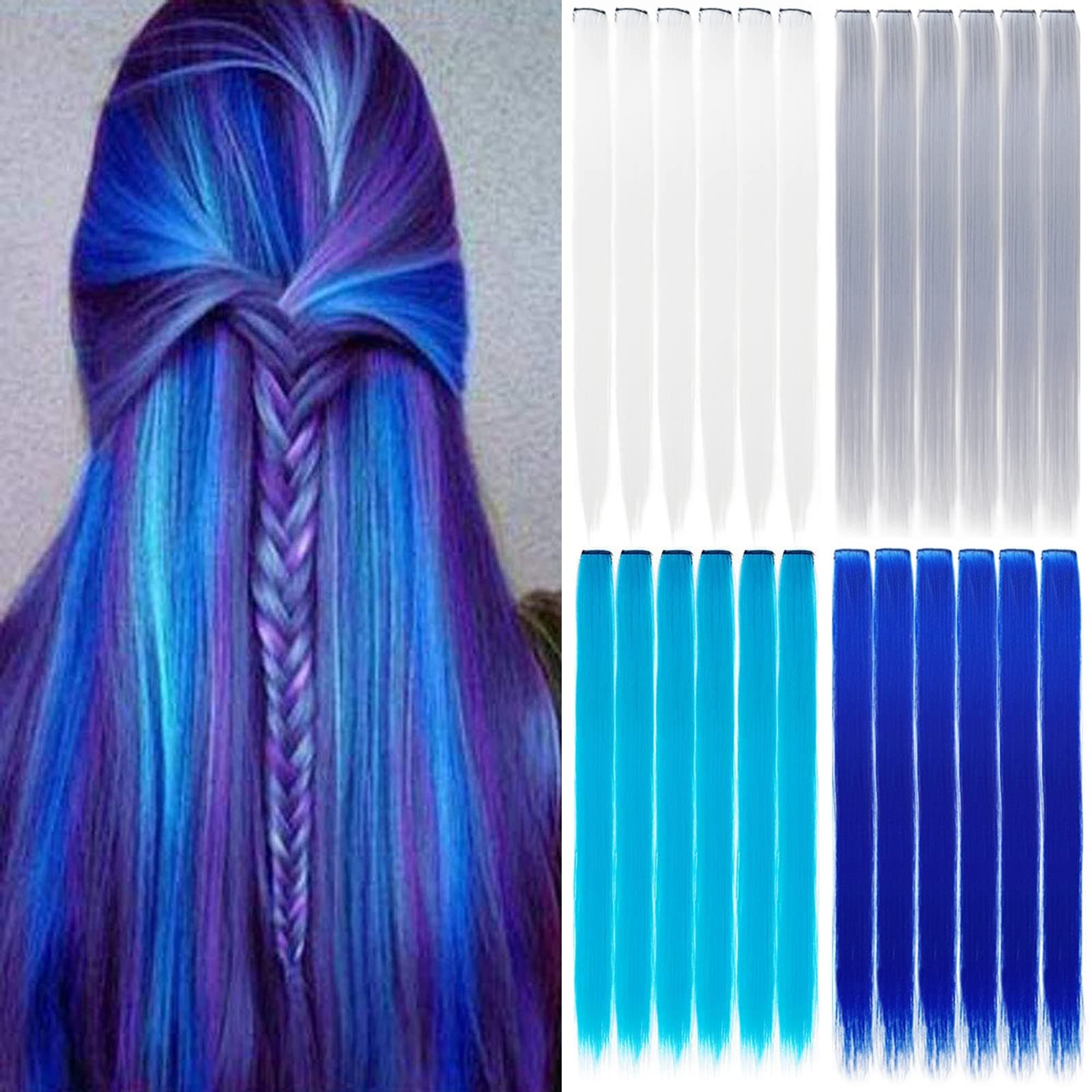 24 Pcs Colored Clip in Hair Extensions 20 Inch Long Straight Party Highlights Synthetic Hairpieces for Women Kids Girls(White, Gray, Blue, Navy blue)