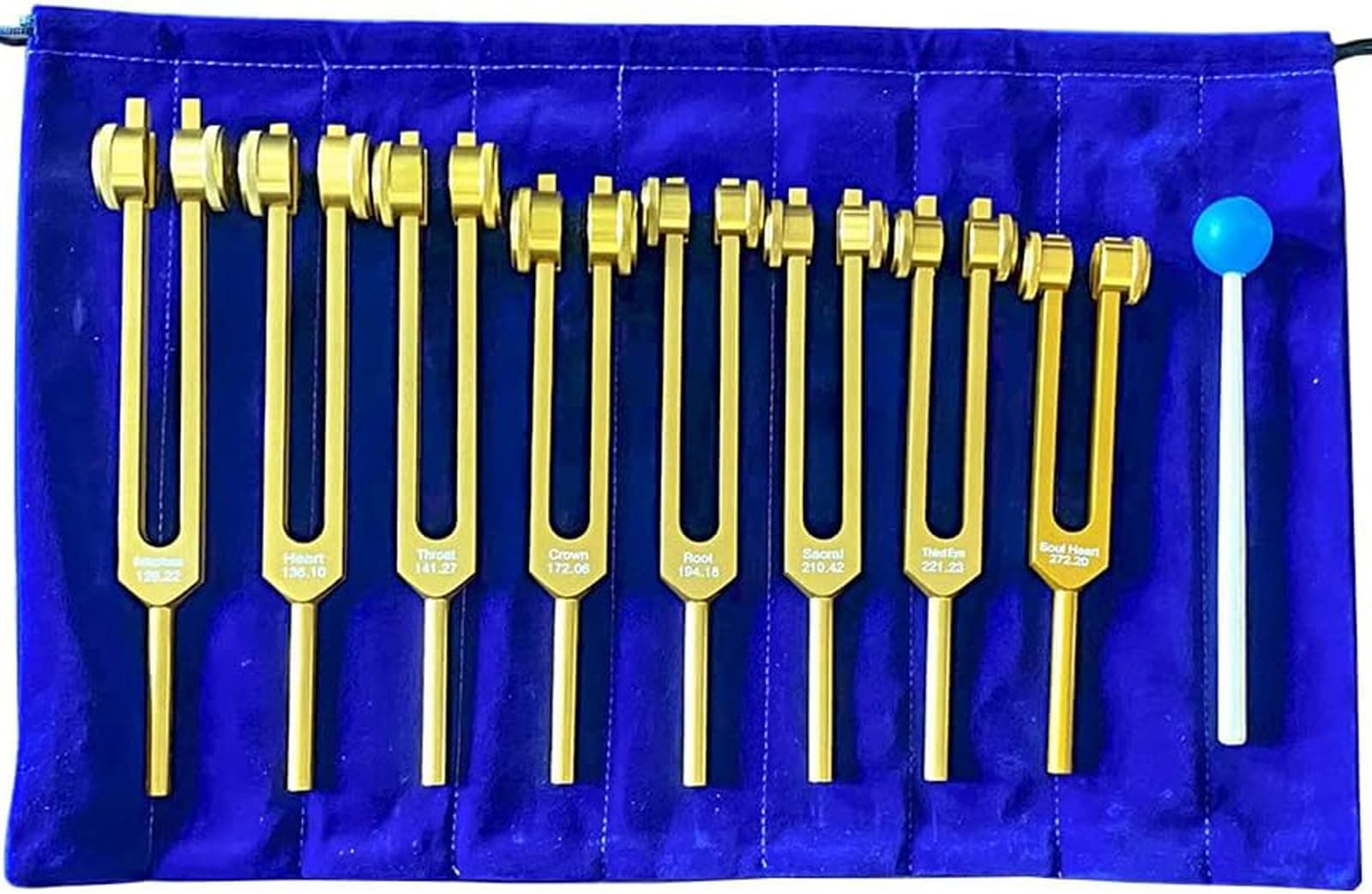 Golden Color Aluminum Alloy 7 Chakras +1 Soul Purpose Weighted Tuning Forks Striker &Pouch Included