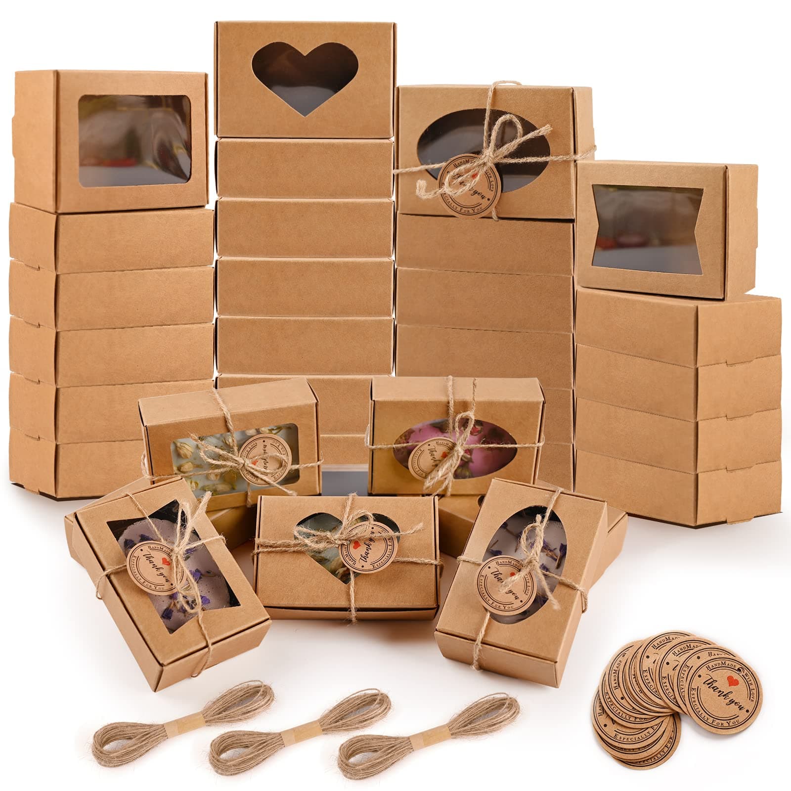 Moukiween 32 PCS Kraft Soap Boxes for Homemade Soap, 4 Shapes Clear Window Rectangular Gift Boxes (Brown), 3.54 x 2.36 x 1.18 Inch