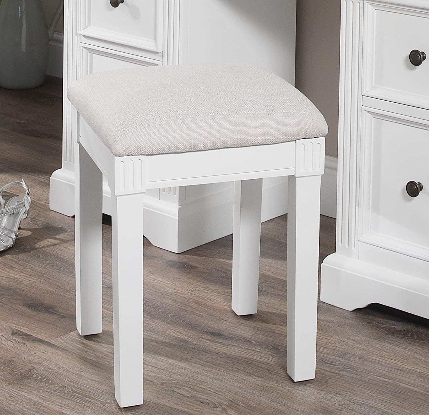 Gainsborough Upholstered Stool. White dressing table stool with firm cream cushion seat. FULLY ASSEMBLED
