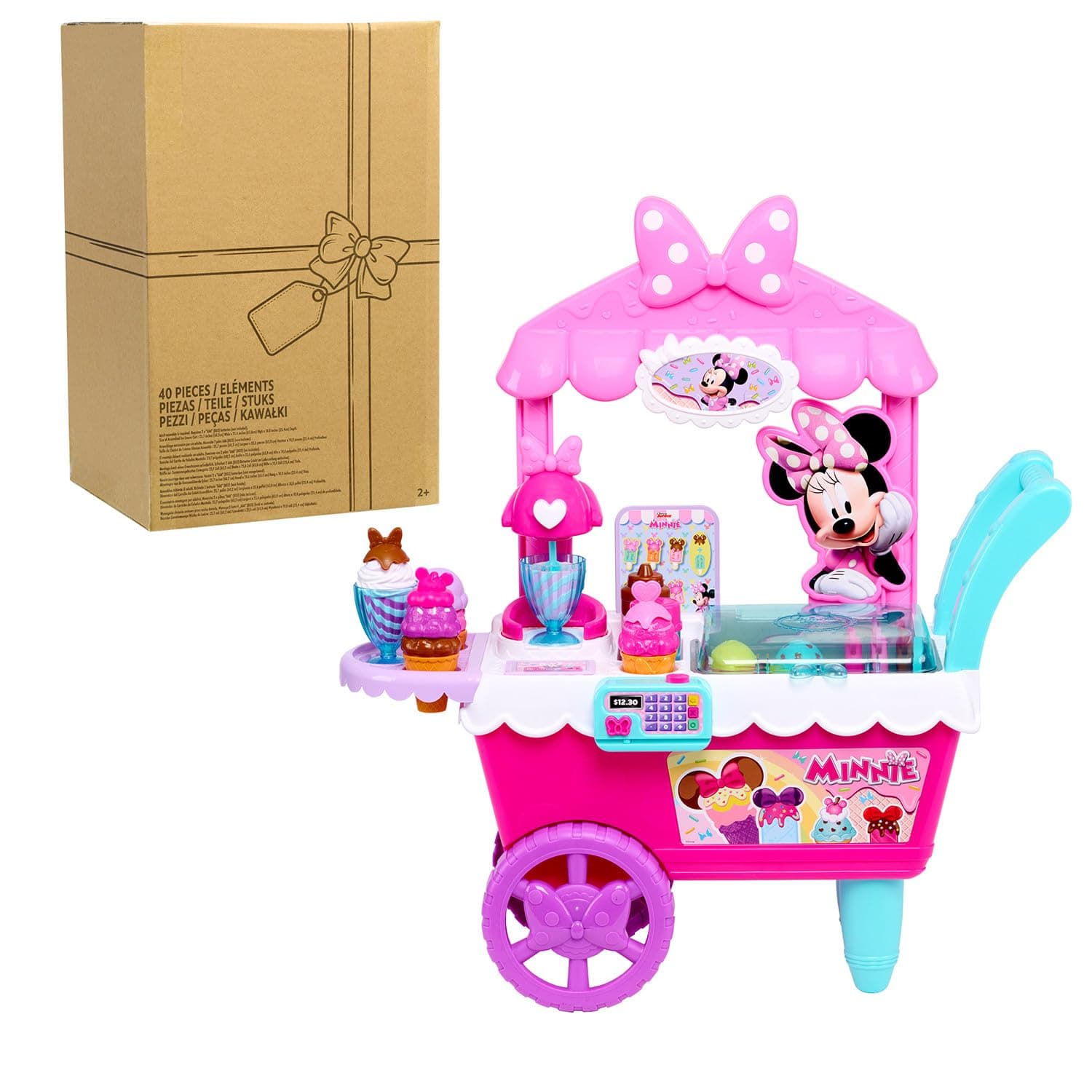 Minnie Disney Junior Mouse Sweets & Treats 2-foot Tall Rolling Ice Cream Cart, 39-pieces, Pretend Play Food Set, Officially Licensed Kids Toys for Ages 2 Up by Just Play