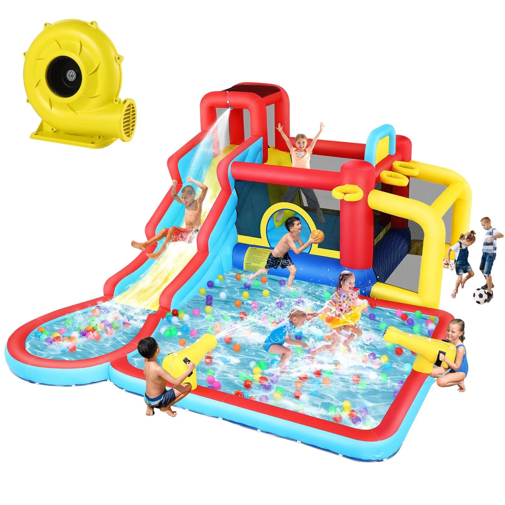 Inflatable Water Slide 10 in 1 Bounce House Backyard Water Park Long Water Slide & Large Splash Pool Wet Dry Combo for Kids Outdoor Party Gift with 620W Blower