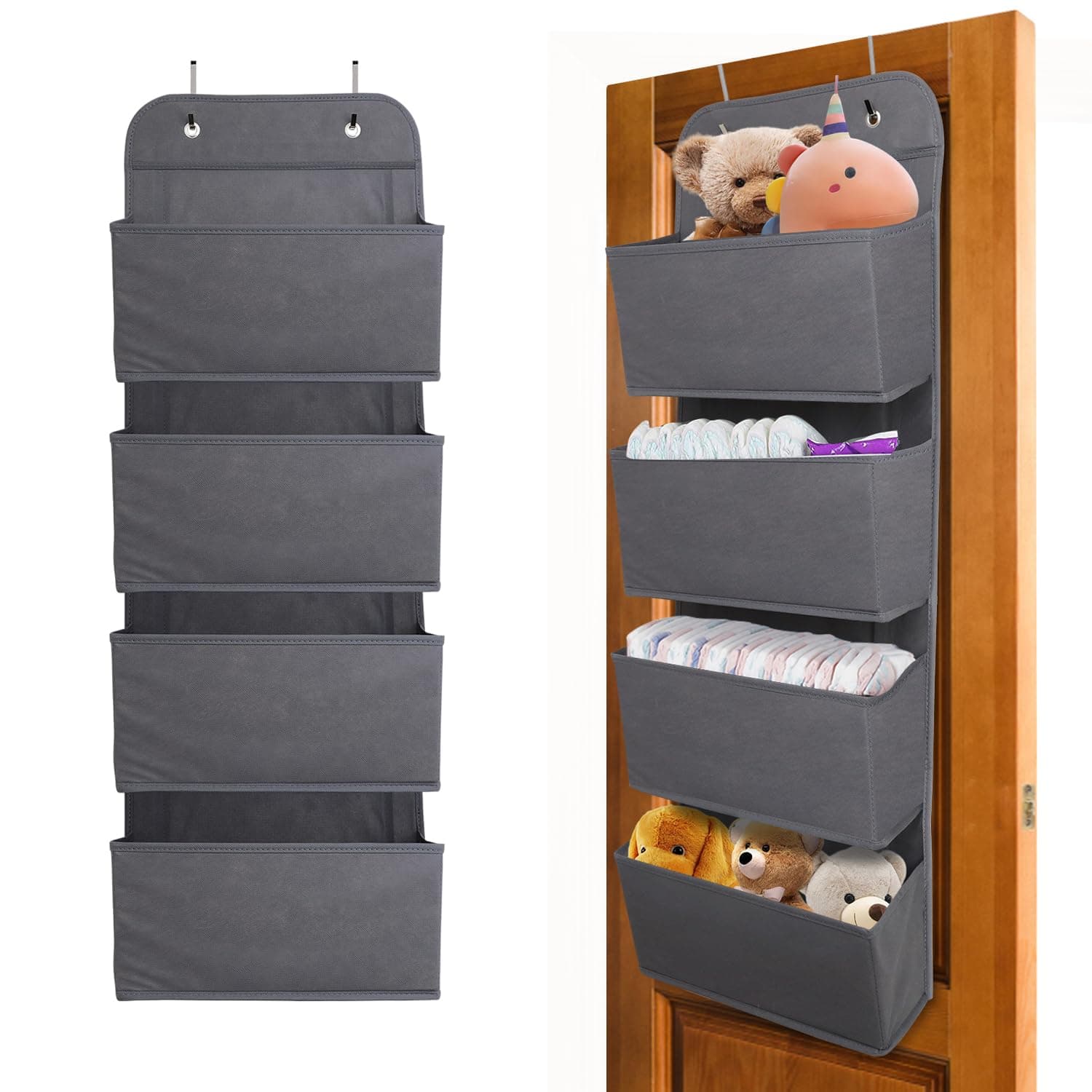 ManGotree Over Door Storage Organiser, Foldable Wardrobe Hanging Storage Organiser, Space Saving Hanging Shelf, 4 Pockets, Large Capacity for Bedroom, Pantry, Kitchen (Dark gray)