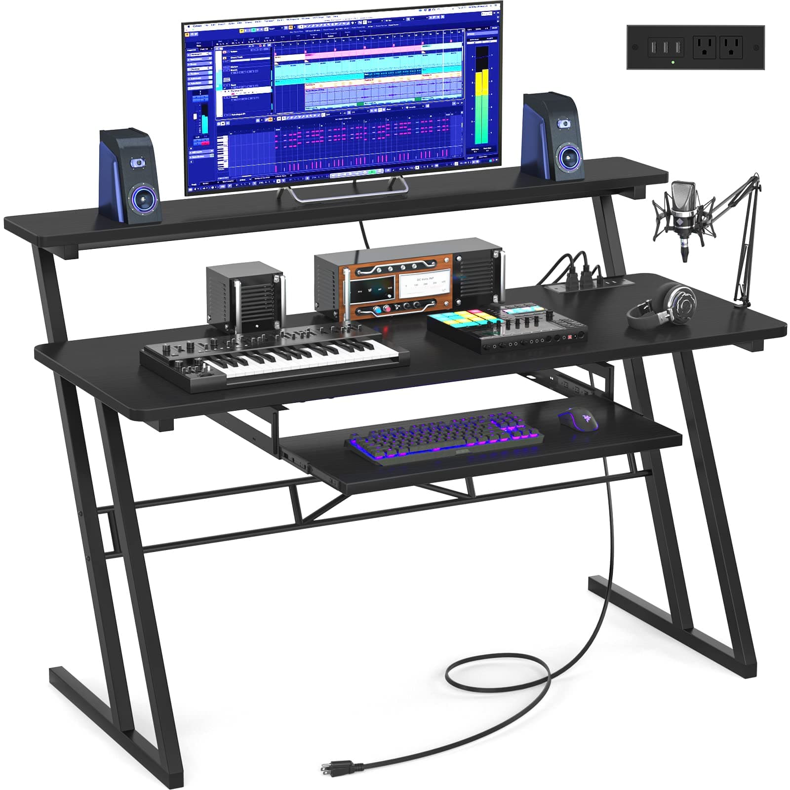 Armocity Music Studio Desk Production Workstation - Recording Studio Desk for Producer with Power Outlet, Studio Workstation for Music Recording, Home Studio Table Desk, Black