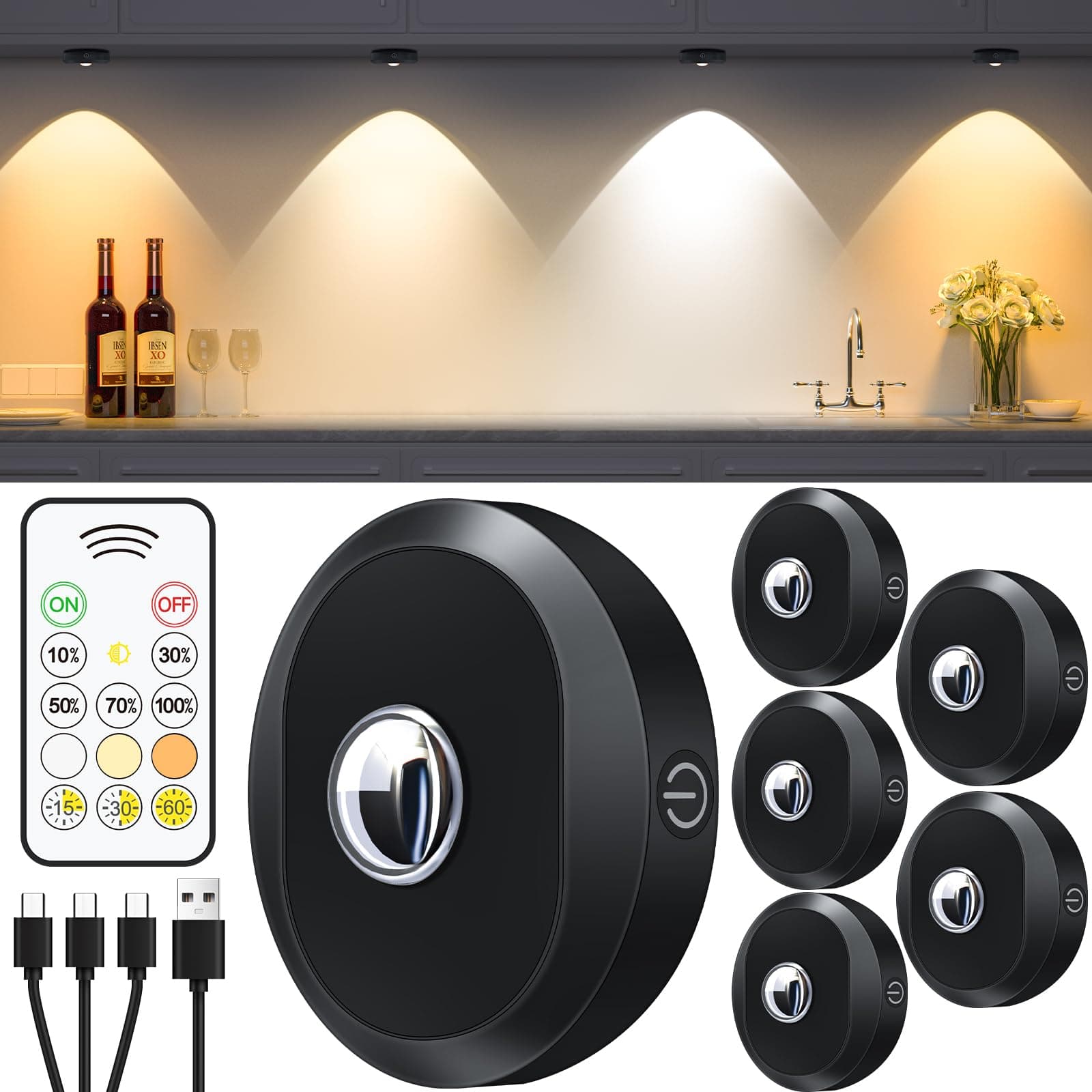 Puck Lights with Remote Control, Rechargeable Under Cabinet Lights, 1200mAh Battery Operated Tap Lights, Dimmable Push Lighting, Wireless Closet Light, LED USB Stick On Light (6 Pack)