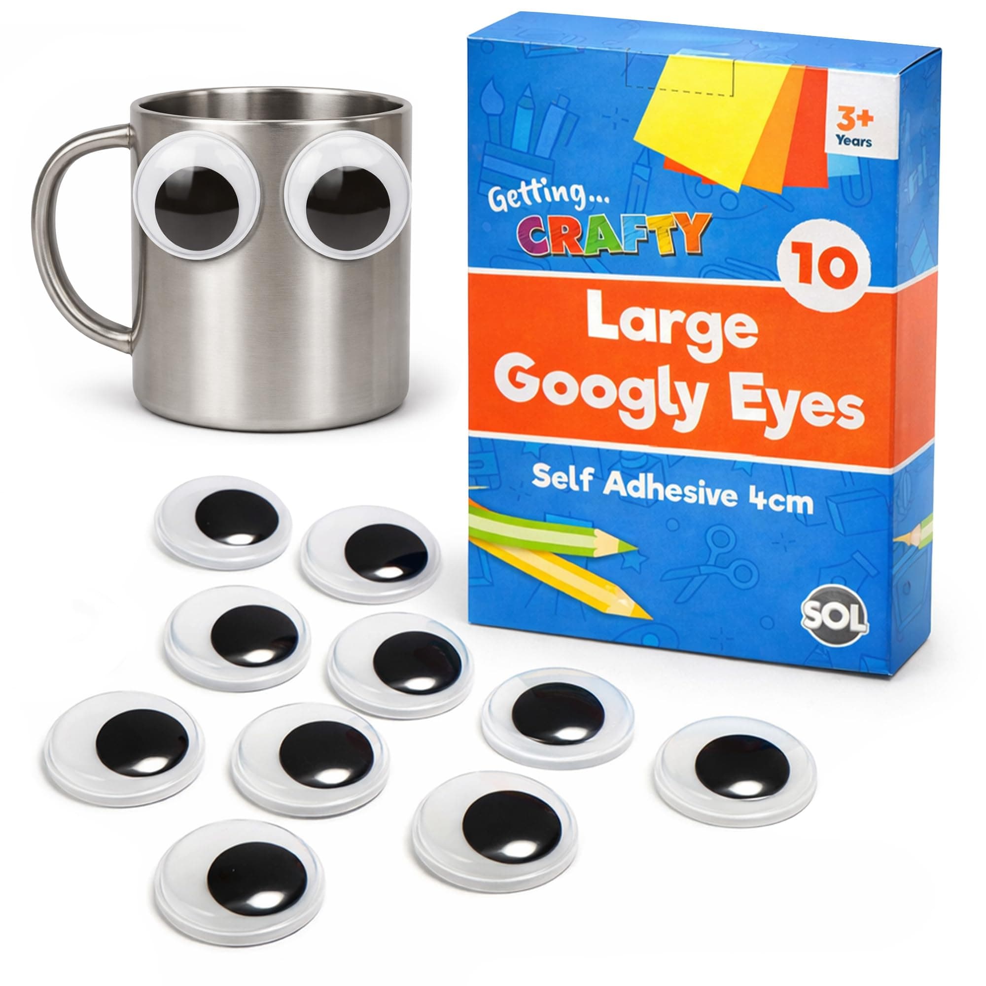 SOL 10pk Large Googly Eyes Self Adhesive 4cm - Sensory Toys & Decorations, Fun for Kids & Adults, DIY Projects, Puppets, Pranks & Cards, Sticks to Photos, Objects & Various Surfaces Adding Personality