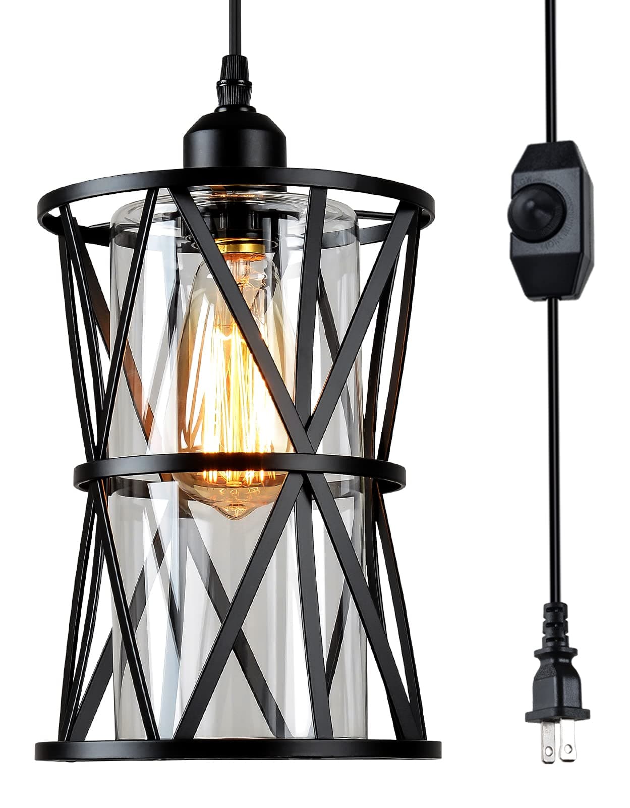 HMVPL Farmhouse Pendant Lighting, Outdoor Swag Lamp with Plug in Cord and On/Off Dimmer Switch, Hanging Light Fixture with Clear Glass Lampshade for Dining Room Bedroom Foyer Hallway Kitchen Island