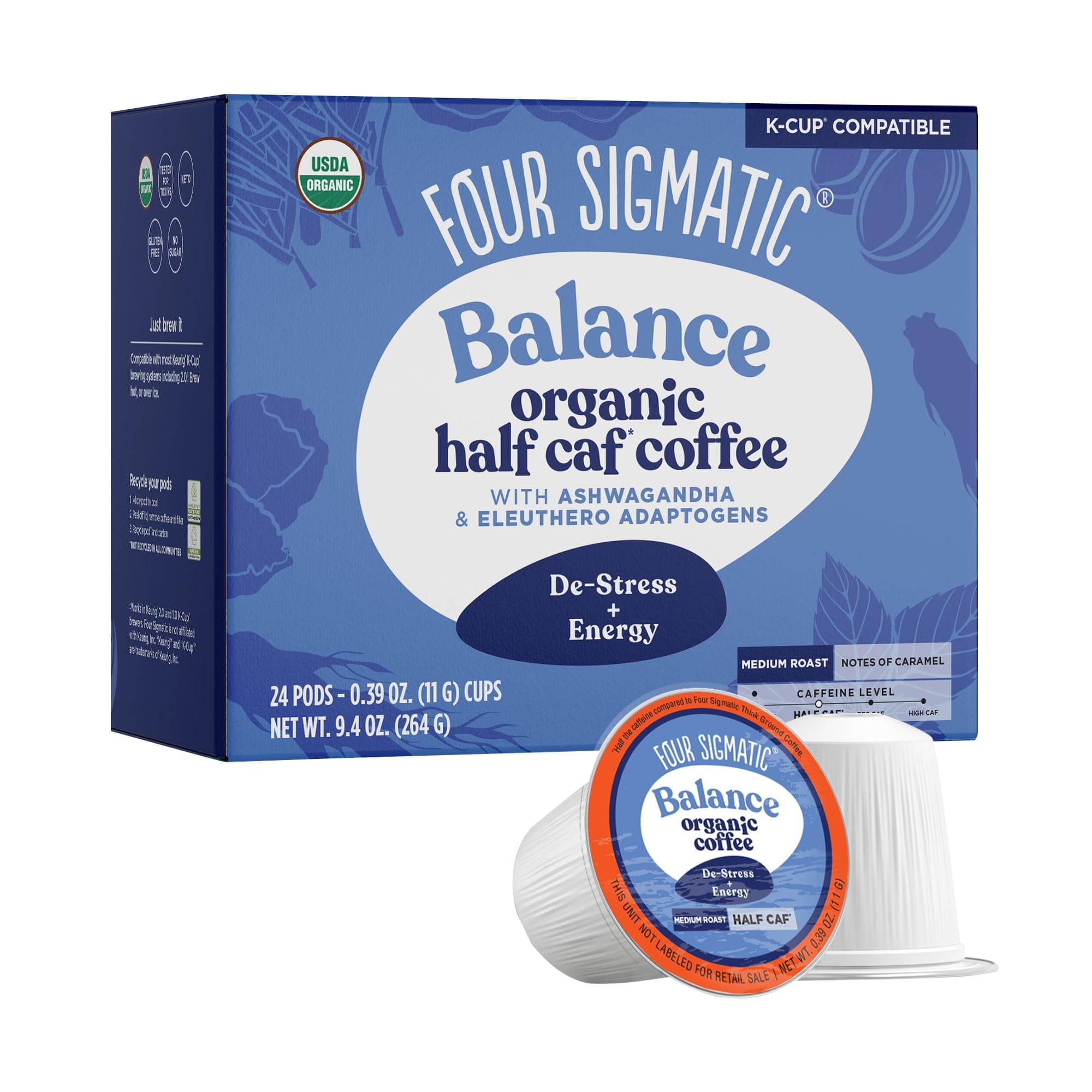 - Adaptogen Coffee K-Cups | Organic Medium Roast Ground Coffee with Ashwagandha, Eleuthero, Chaga & Tulsi | Immune Support & Stress Relief | Keto | 24 Count