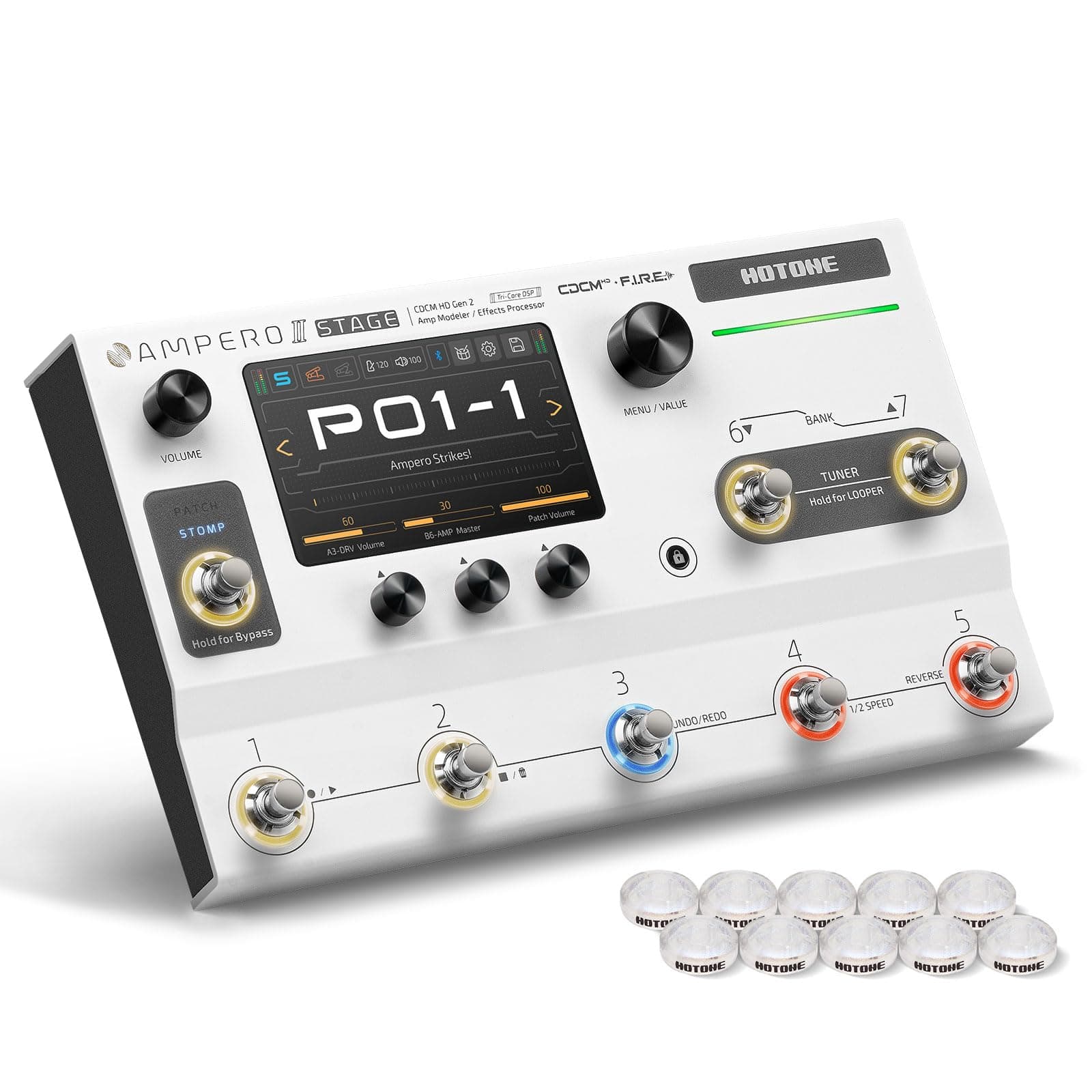 HOTONE Multi-Effects Pedal Dual Effect Chains with FX Loop MIDI I/O Stereo OTG USB Audio Interface Touch Screen Ampero II Stage(Include 10 PCS Additional Footswitch Toppers)