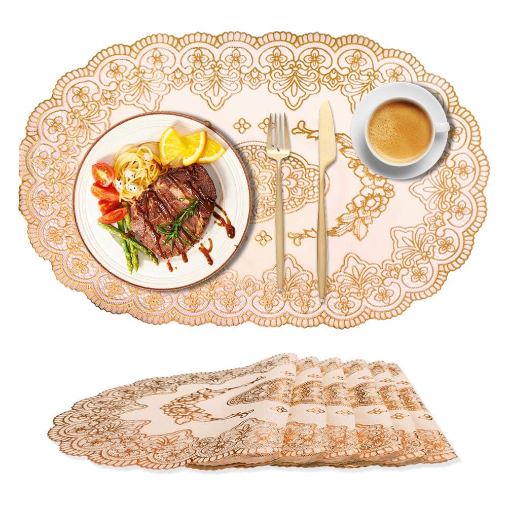 TIANHAO Gold Round Placemats for Dining Table Set of 6, PVC Heat-Resistant Elegant Fancy Place Mats for Kitchen Table, Washable Decorative Vinyl Placemats Non-Slip Table Mats Medieval Court Style