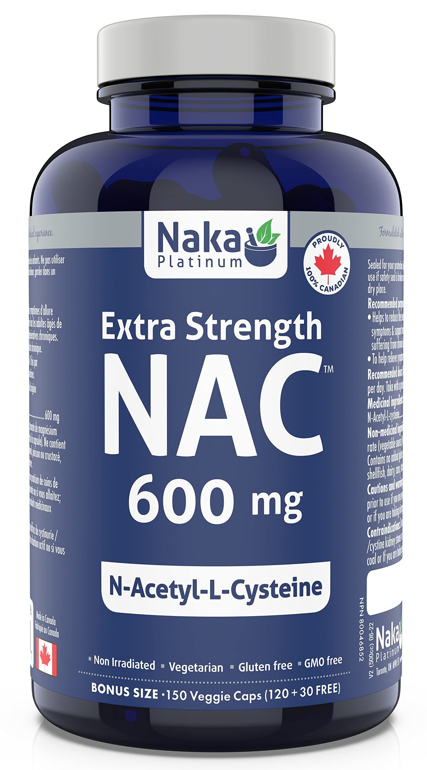 NAKAPlatinum Nutri NAC (N-Acetyl-L-cysteine) 600 mg per Capsule - Bonus Size 150 Veggie Capsules (120+30 Free)