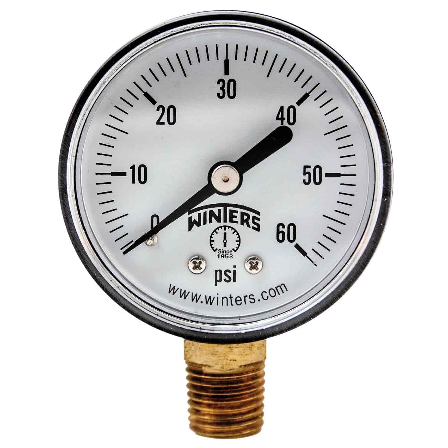 Winters 2 inch Dial Size, Economy Utility Dry Pool Filter Pressure Gauge, Brass Internals, Plastic Case, Single Scale 0-60 psi, 3-2-3% Acc, 1/4 inch NPT Bottom Mount, Multi Function Pressure Gauge