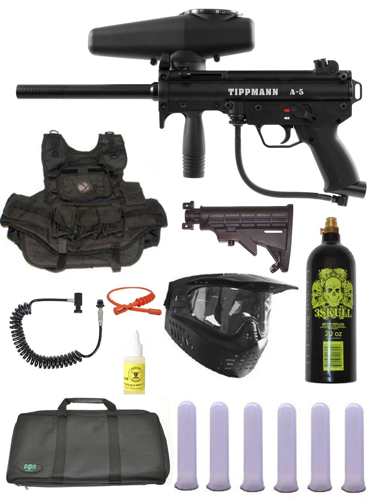 Tippmann A-5 Tactical Vest Paintball Marker Gun Sniper Set w/ Stock