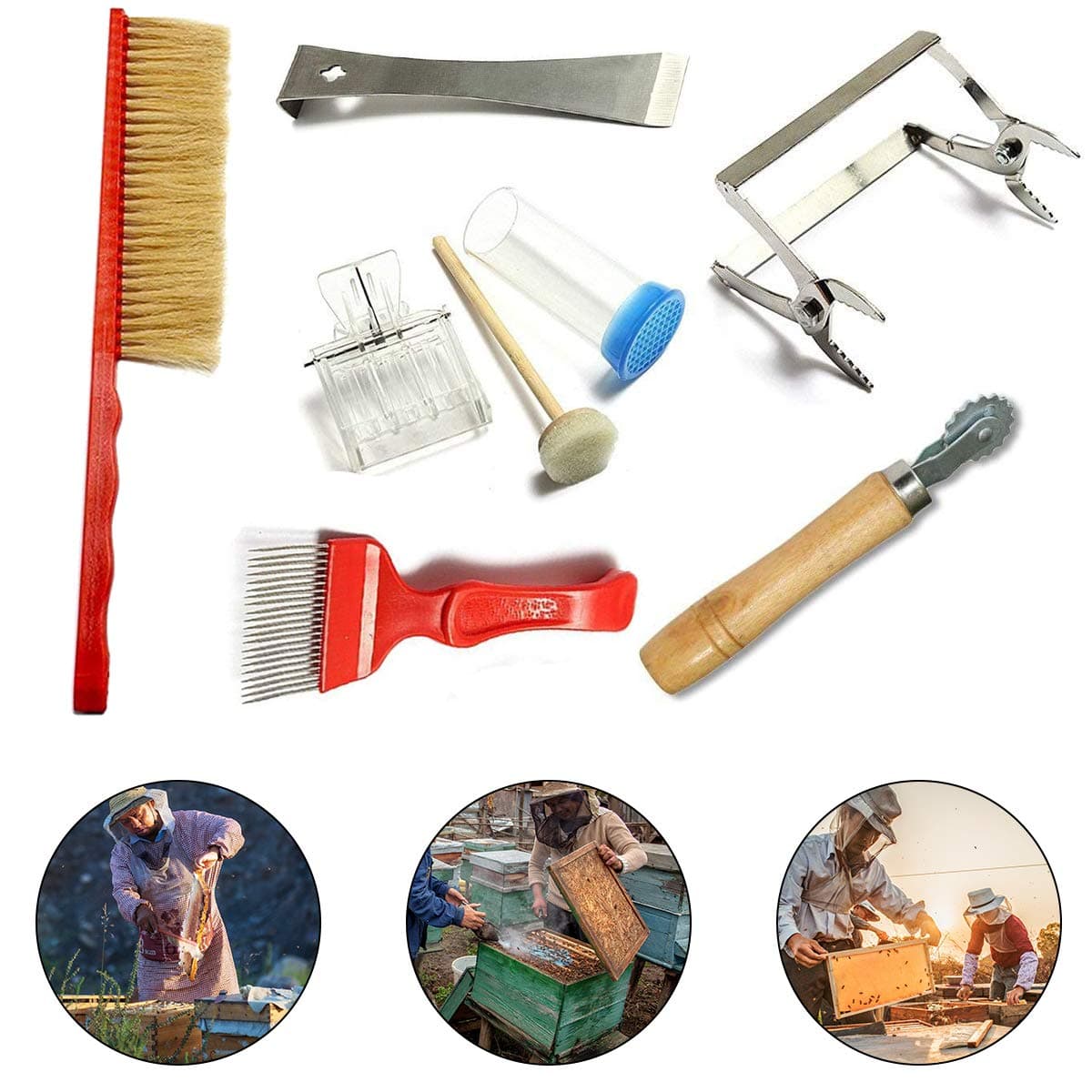 jiele 7 PCS Beekeeping Tool Kit Bee Brush Uncapping Fork Queen Catcher Spur wire Embedder Frame Holder Bee Hive Tool Beekeeping Equipment Pack Beekeeping Accessory