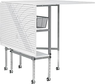 Foldable Hobby and Cutting Grid Table - 58.75" W x 36.5" D White Arts and Crafts Table with Grid Top and Silver Storage Drawers
