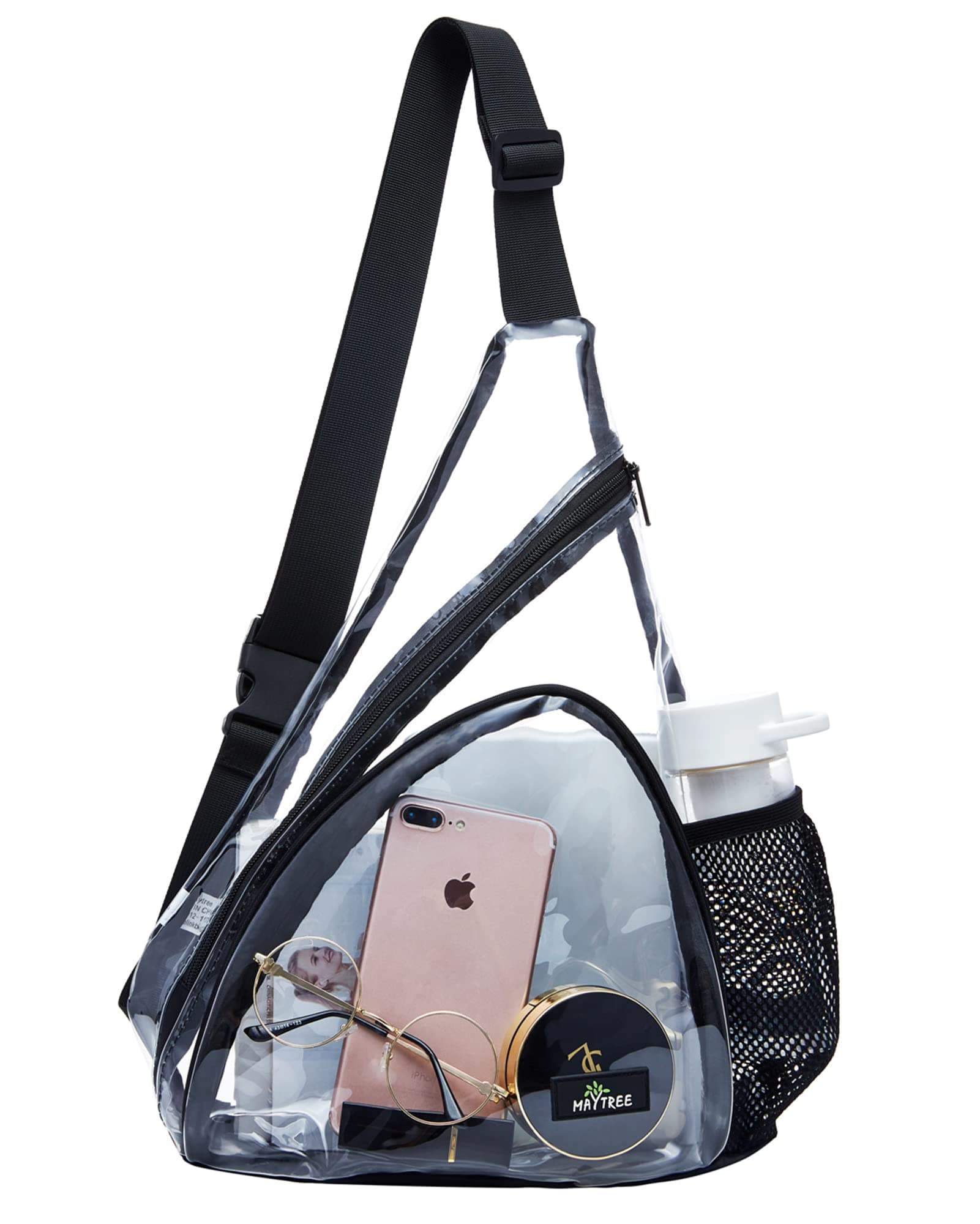 MAY TREEClear Sling Bag Transparent Shoulder Cross body Backpack Perfect for Work Travel Stadium and Concerts Black