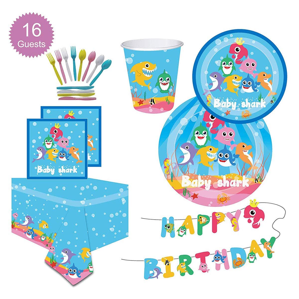 DAYONG Disposable and No Washing Up Tableware Baby Shark Party Supplies Set for Decorations (Serves 16)- 114 Pieces