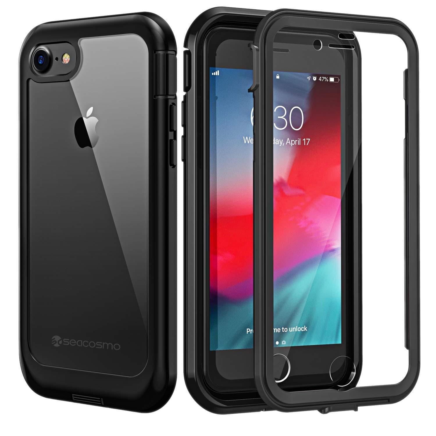 seacosmoiPhone SE 2022/2020 Case, iPhone 7/8 Case with Screen Protector Full Body Shockproof Dustproof Protection Heavy Duty Bumper Dual Layer Silm Fit Cover for iPhone 8/7/SE 2nd/3rd, Black/Clear