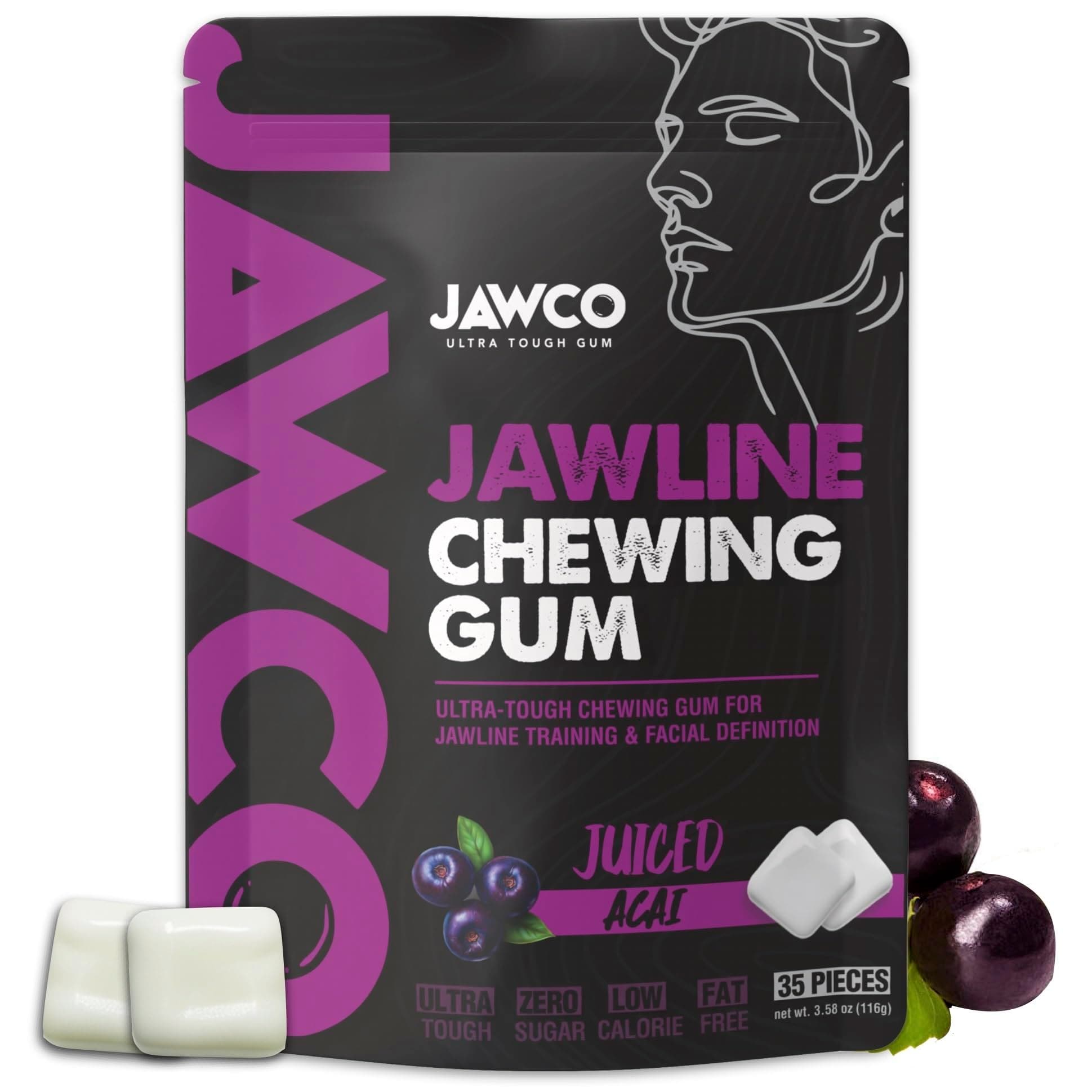 JAWCO Ultra-tough Jawline Chewing Gum | Get a Stronger, Squarer Jawline | Juiced Acai Jaw Training Hard Gum | Chisel, Sculpt, Tone your Jaw | 15X Hardness | Facial Fitness Mewing Gum | 35 Pieces/Pack