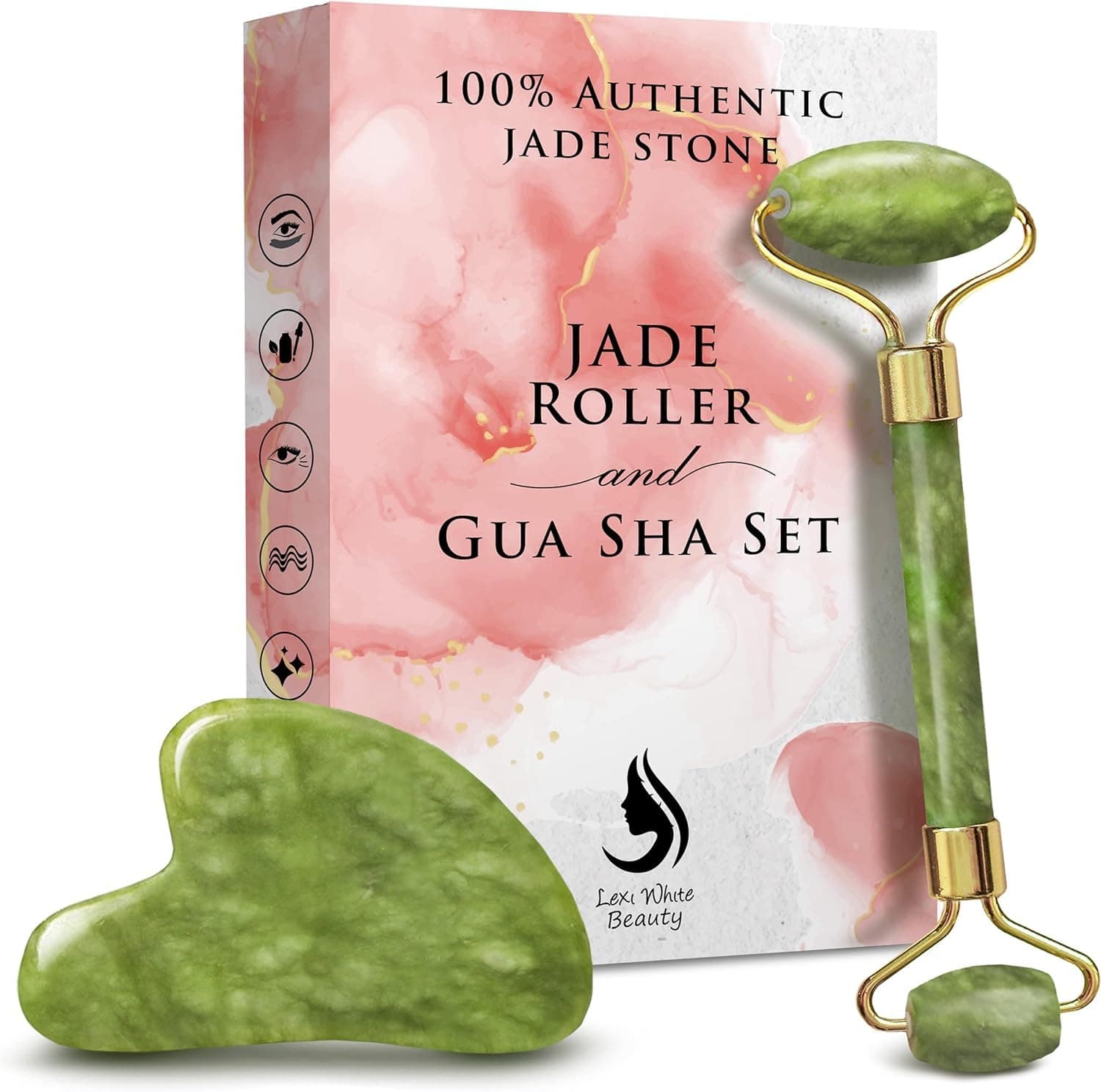 Lexi White Gua Sha Facial Tools | Jade Gua Sha Tool | Face Roller and Eye Roller for Wrinkles, Puffy Eyes and Lifting, Facial Massager
