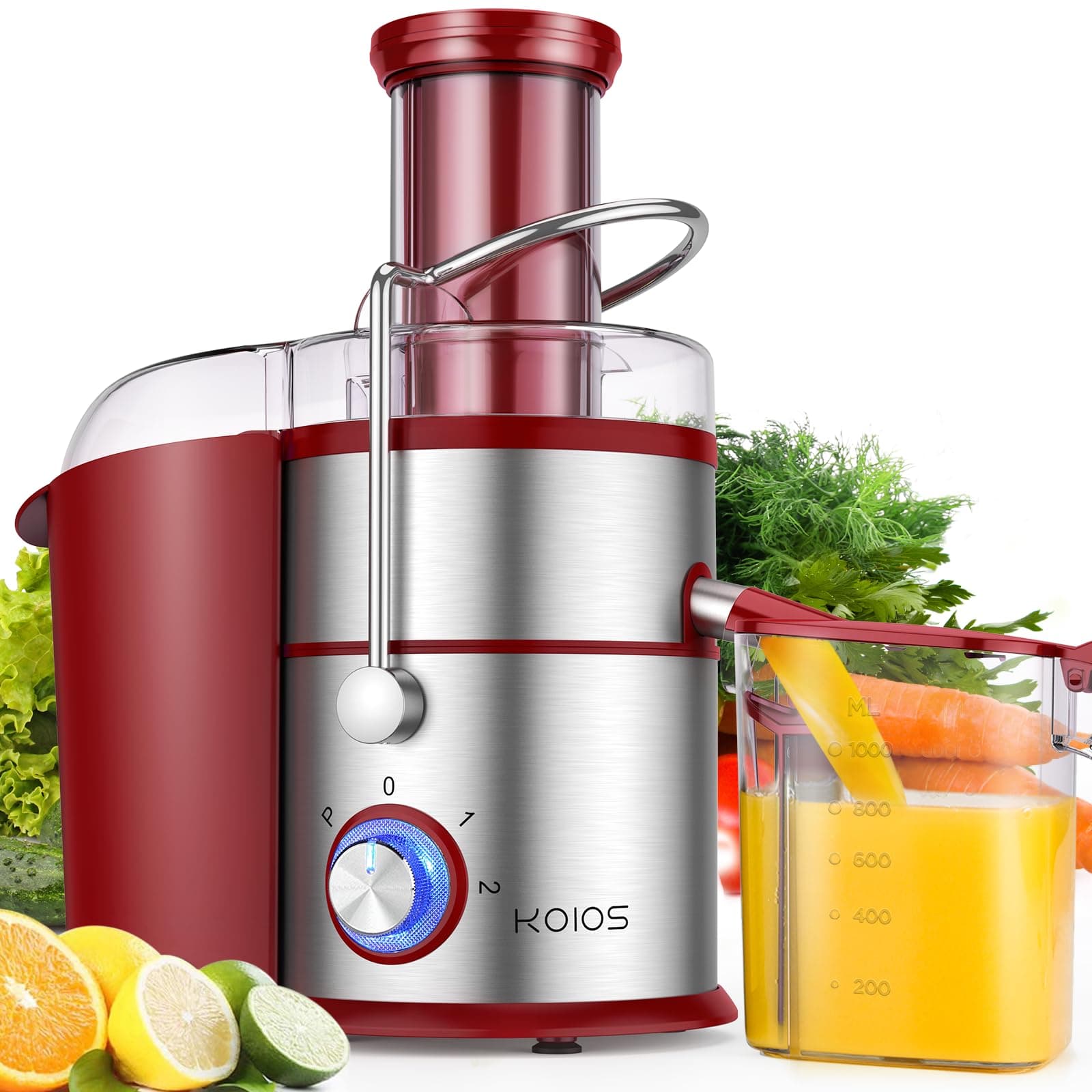 KOIOS 1300W Centrifugal Juicer Machine, Juice Extractor with Extra Large 3 Inch Feed Chute, Full Copper Motor, Titanium-Plated Filter, High Juice Yield, 3 Speeds Mode, Brush Included, Non-BPA, Red