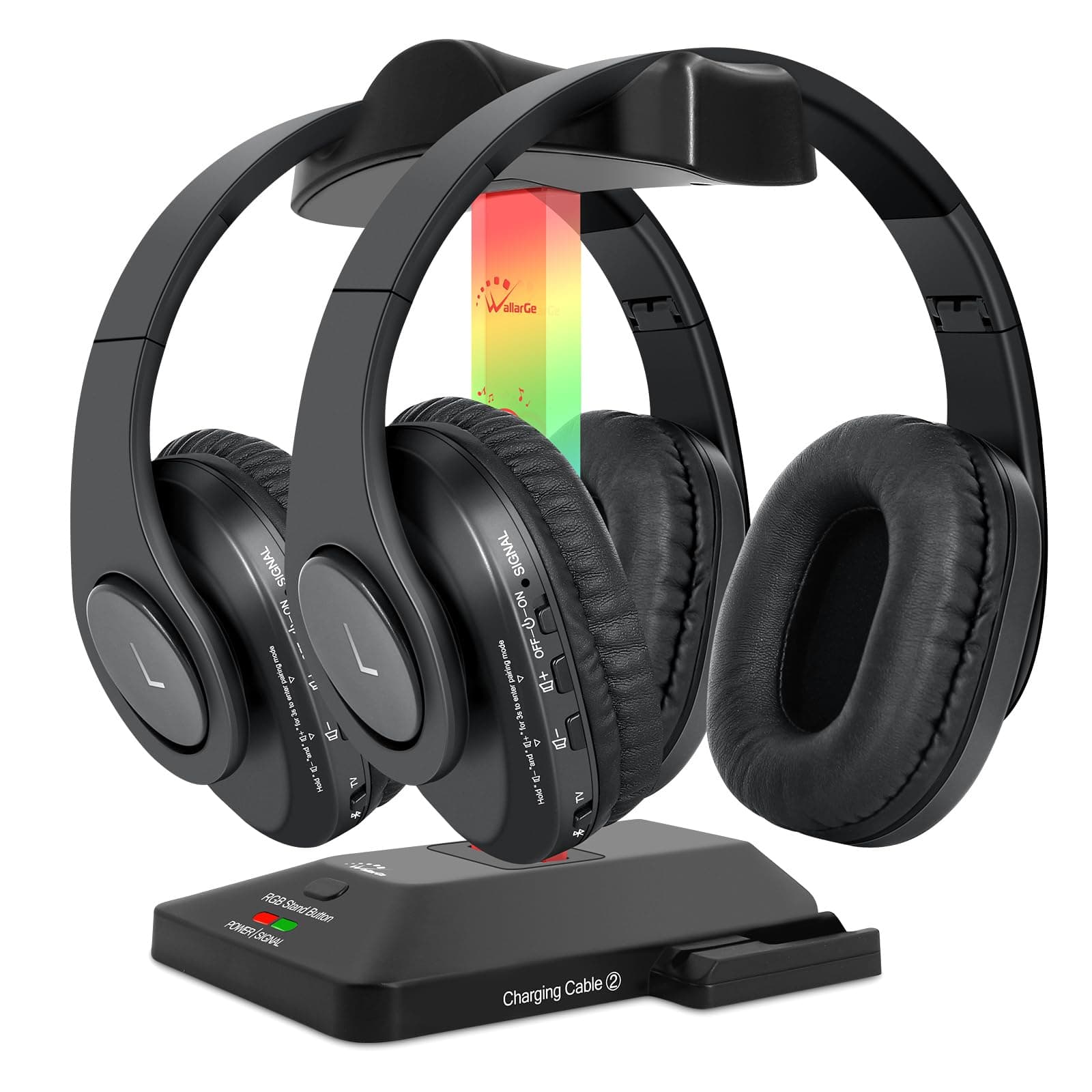 WallarGe Dual Wireless Headphones for TV Watching with RF Transmitter, Bluetooth Over-On Ear TV Headphones Wireless for Seniors, No Lip-Sync Delay, Plug & Play. Set of Two