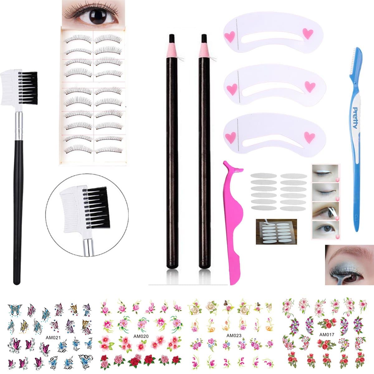 Black Waterproof Eyebrow Pencils False Eyelashes Double Eyelid Tape Eyelash Tweezers Eyebrow Shaper Brush Comb Eyebrow Stencils Nail Stickers Eye Makeup Set Kit (AABB005A)