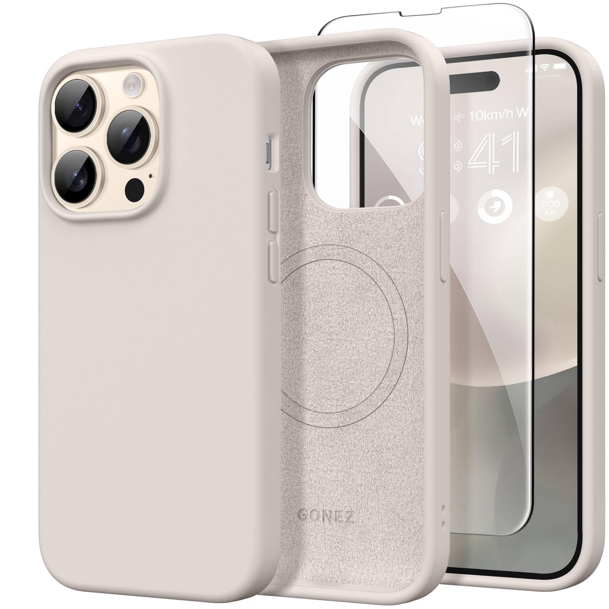GONEZ for iPhone 14 Pro Max Case Silicone, Compatible with MagSafe, with Screen Protector + Camera Lens Protector, Liquid Silicone Shockproof Protective Phone 14 ProMax Case 6.7", Stone