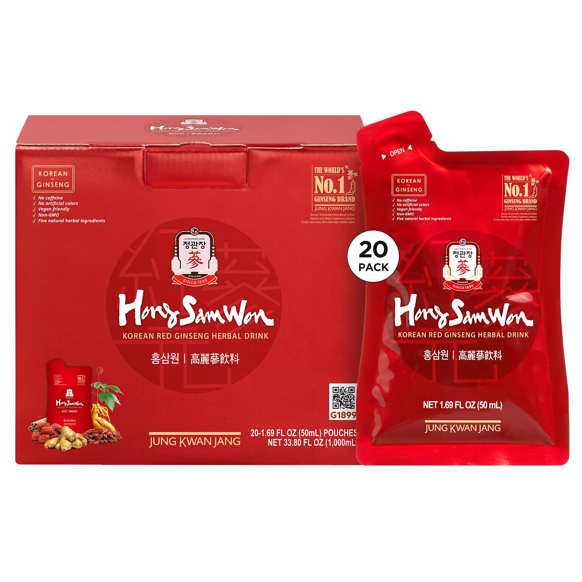 Hong Sam Won Korean Red Ginseng Drink | Energy Drink, Pre Workout, Herbal Tea, Ginseng Supplement | Jujube, Ginger, Cinnamon, Goji Berry | Vegan Friendly (20 Count)
