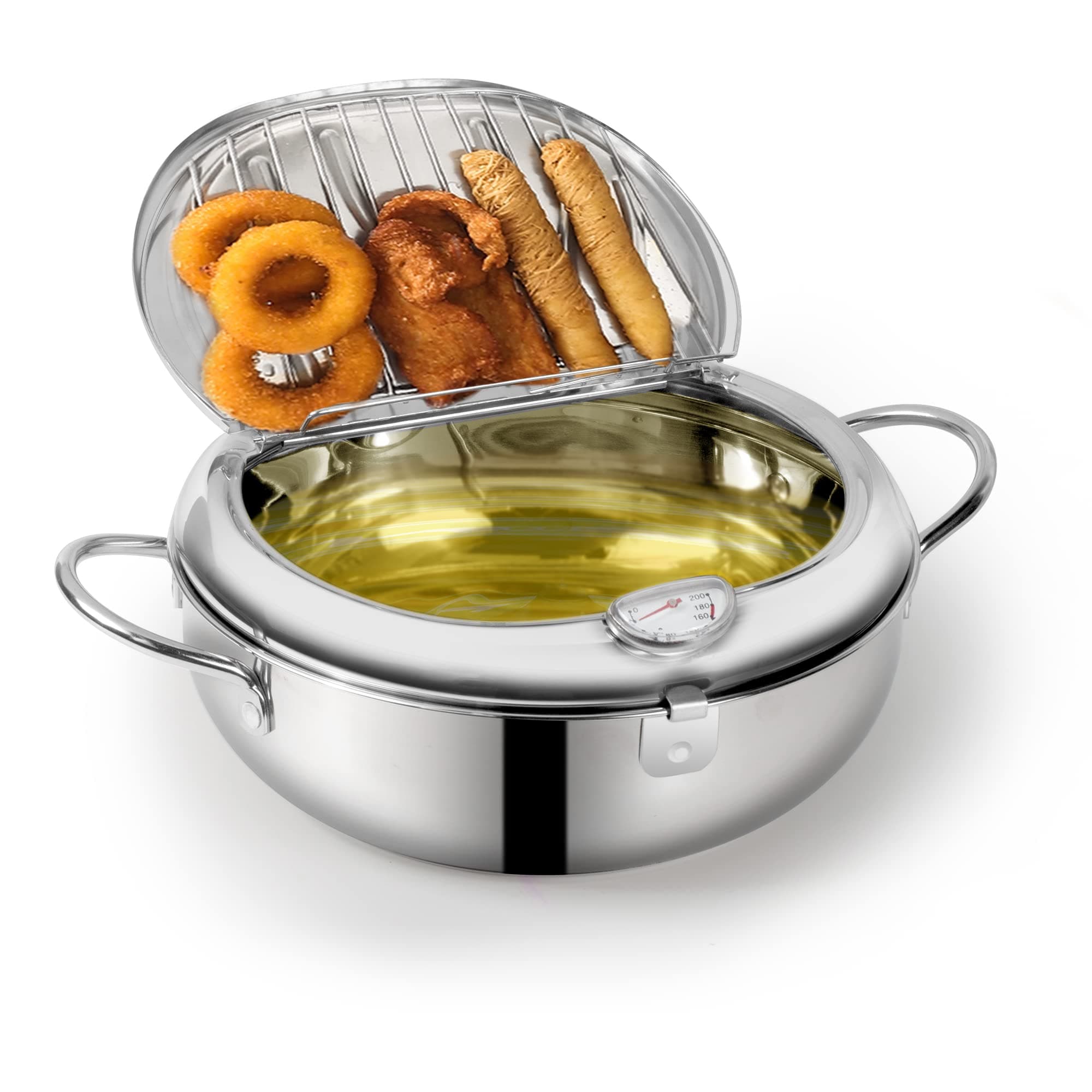 Deep Fryer Pot 304 Stainless Steel Japanese Frying Pot 2.2L, Janpanese Style Tempura Frying Pot with Lid, with Temperature Control Oil Drip Drainer Rack, or Fried Chicken, Shrimp, French, Chips dip