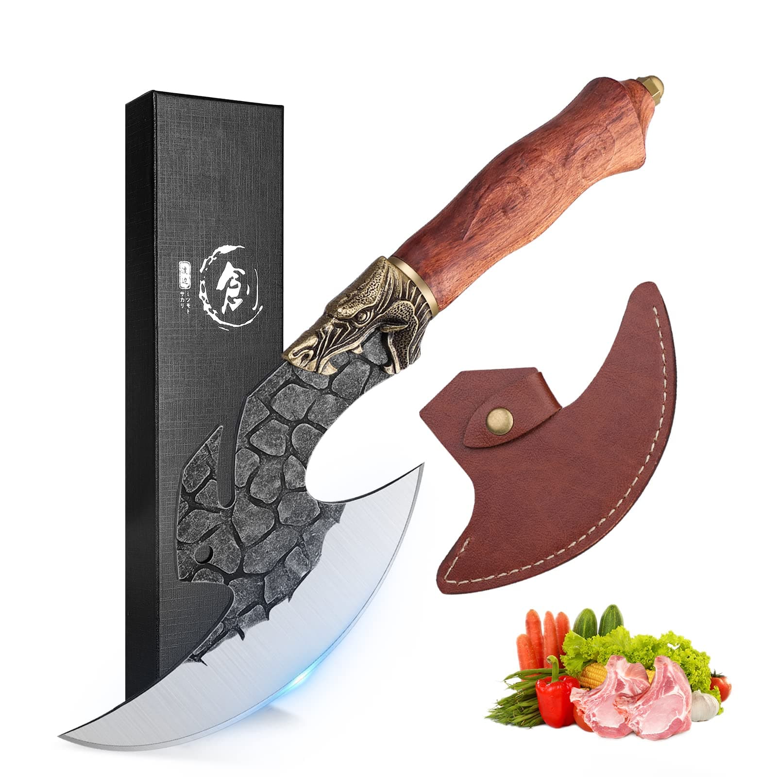 ROCOCO Viking Cleaver Knife Butcher Meat Cutting Boning Knife Hand Forged Chinese Kitchen Axe with Sheath Home Outdoor BBQ Camping Chirstmas Birthday Mother Father Gift Men