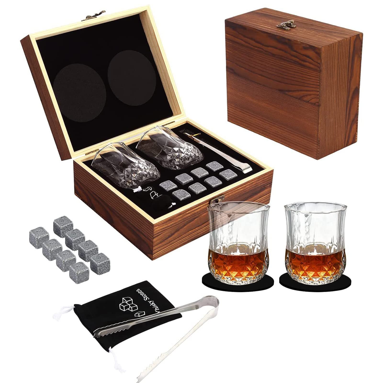 BURDEAN Whiskey Glass Set Gift Box, 2 Whiskey Glasses, 8 Granite Whiskey Stones, Unique Gifts Set for Men, Idea for Birthday, Anniversary, Fathers Day