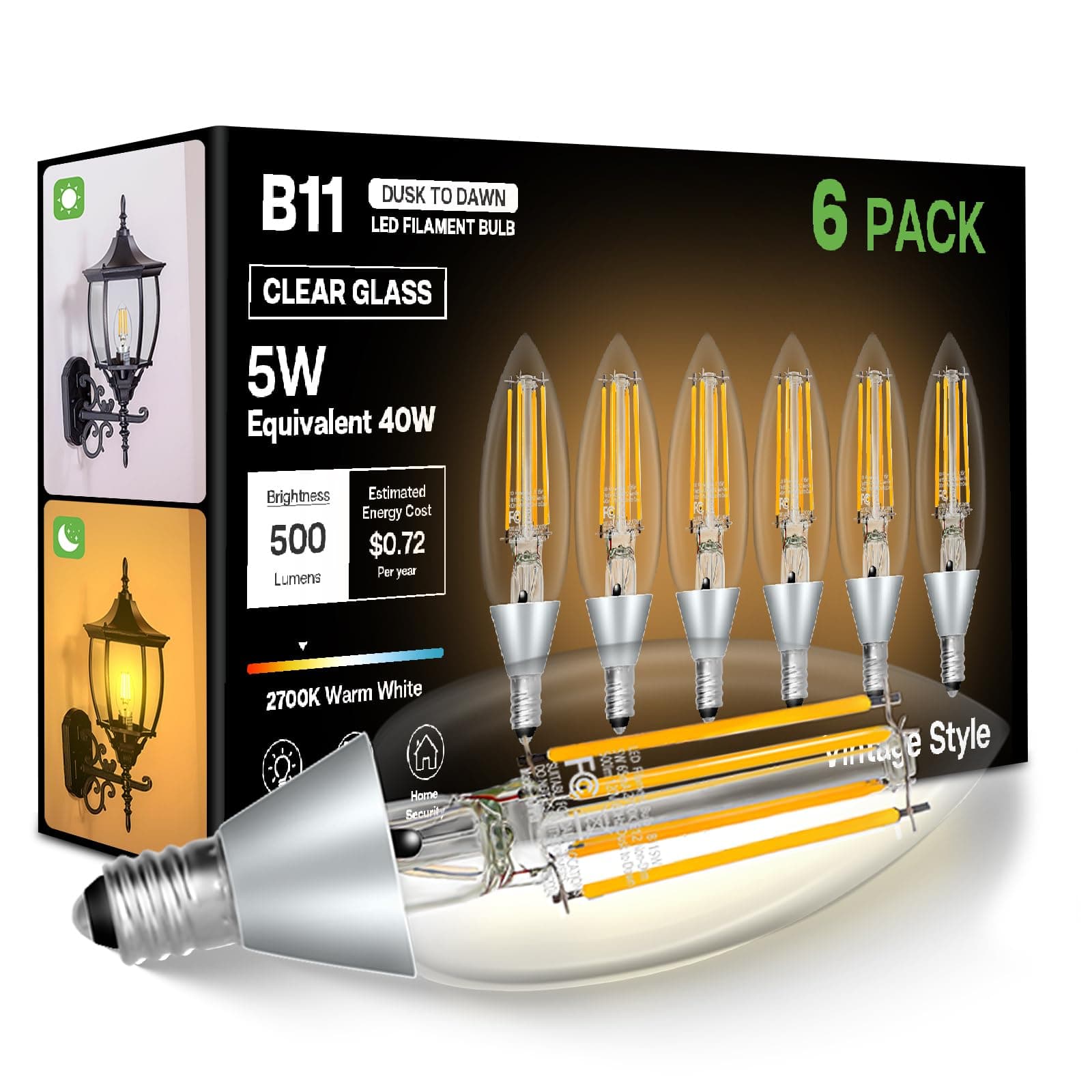 Dusk to Dawn Outdoor LED Light Bulb, 5W Equivalent 40W, Candelabra B11 Light Bulb, 2700K Soft White, Edison LED Bulbs E12 Base, Lighting Sensor, Auto On/Off for Porch Patio Garage, 6 Pack