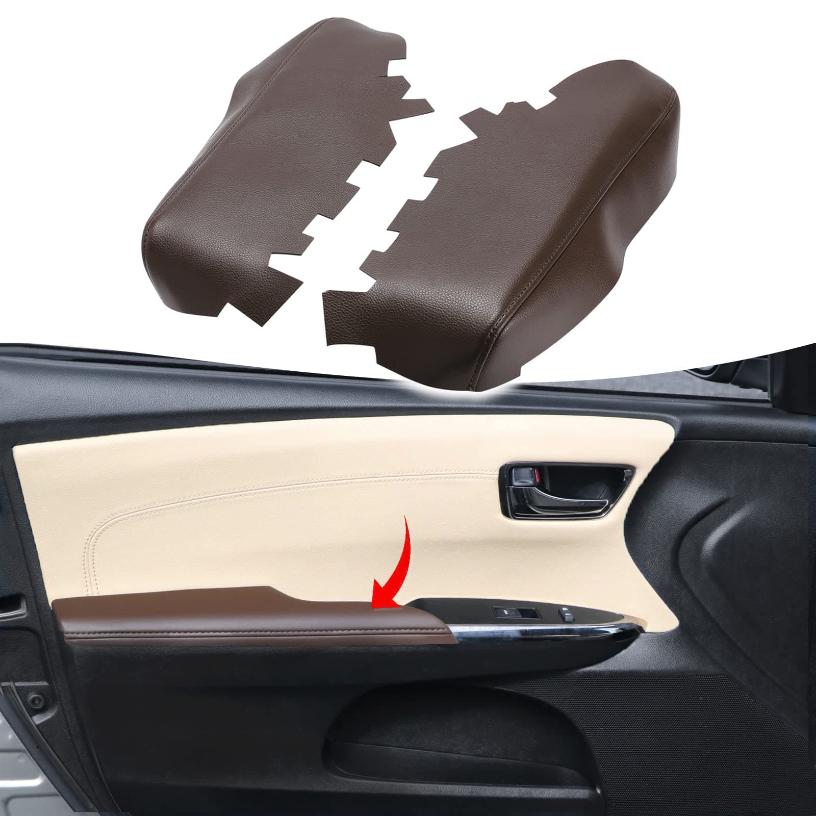 KBH Car Front Door Panel Armrest Cover Replacement for Toyota Avalon 2013 2014 2015 2016 2017 2018, Vinyl Leather Upholstery, Anti-Scratch, 1 Pair, Brown (Leather Part Only)
