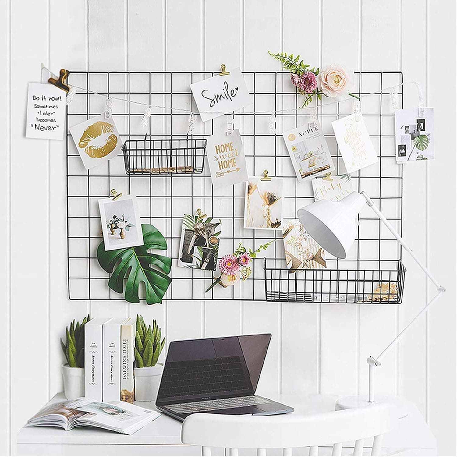 Steel Grid Photo Frame for Wall with 10 Wooden Deginer Clips | DIY Metal Wire Grid Wall Organizer | Aesthetic Photo Display Frame, Memo Board & Room Wall DΓ©cor for Home, Bedroom & Office (Black, 65x45cm)