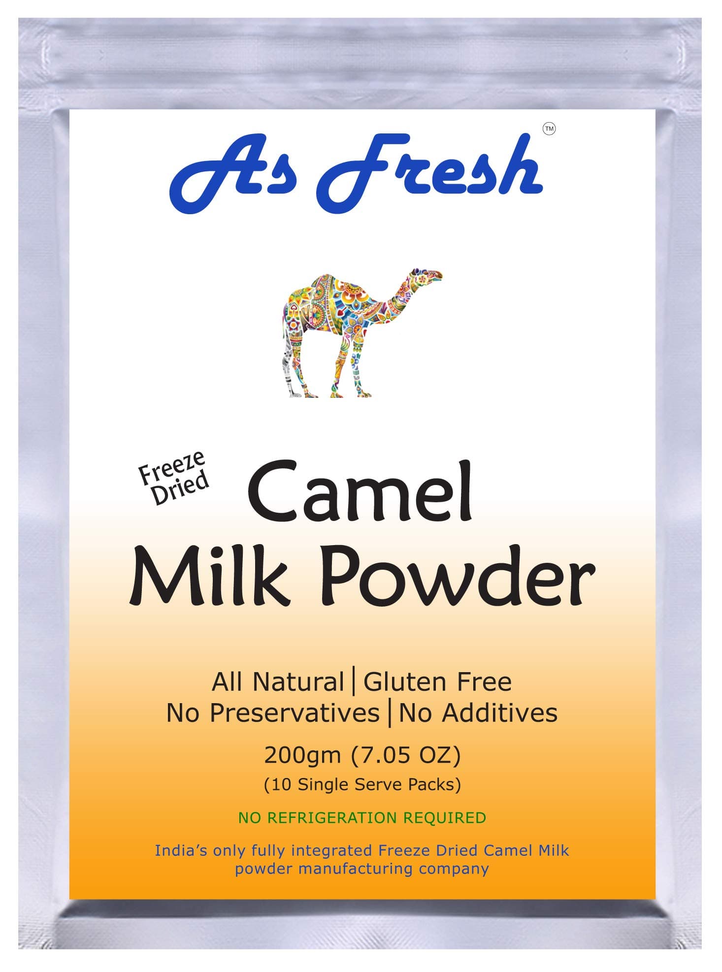 As Fresh Camel Milk Powder 7oz,10 single serve sachets of 0.7 oz each, makes 70 oz camel milk