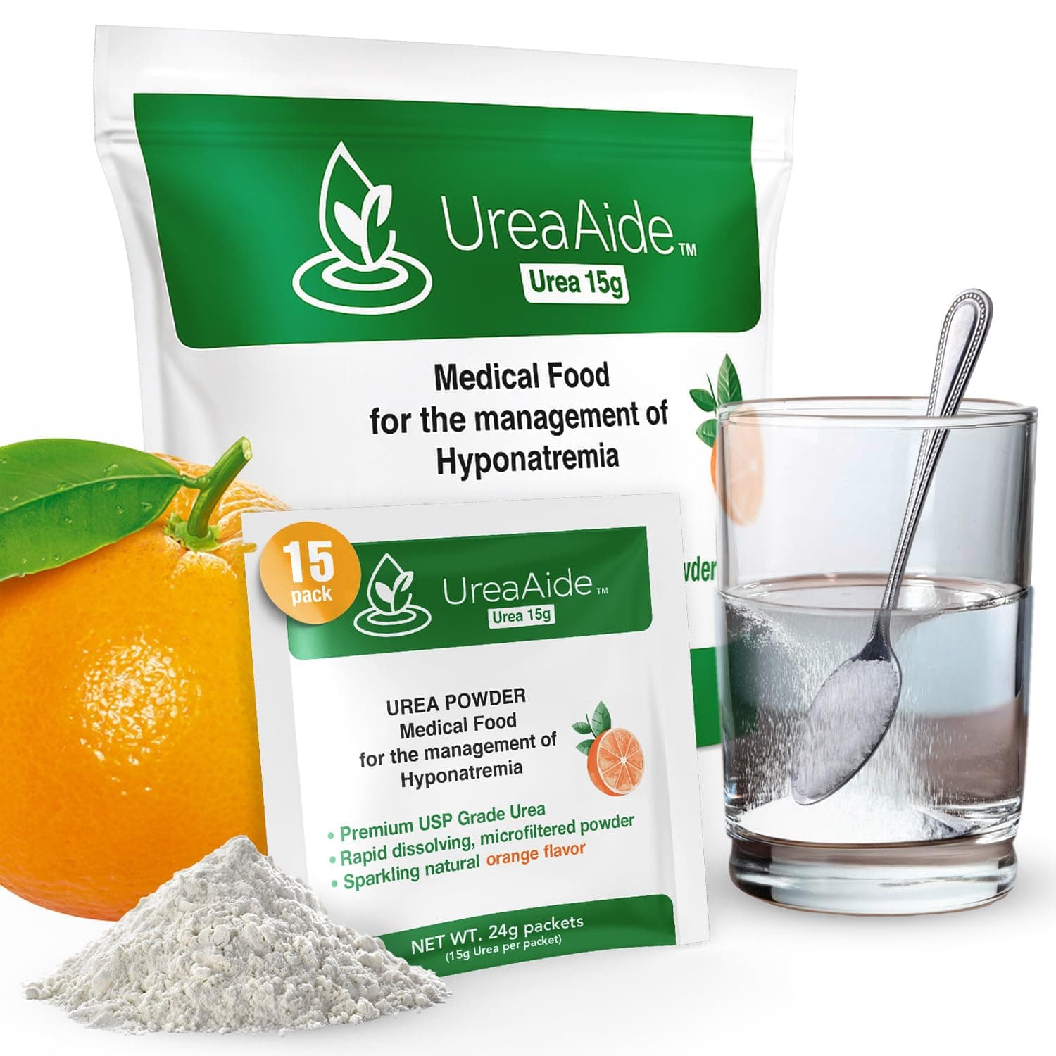UreaAide Urea Powder Sparkling Natural Orange Flavor for Low Sodium 15 Packs Urea Powder for Hyponatremia, SIADH, Nephrologist Invented 100% Medical Grade Urea 15 gram Urea Per Packet