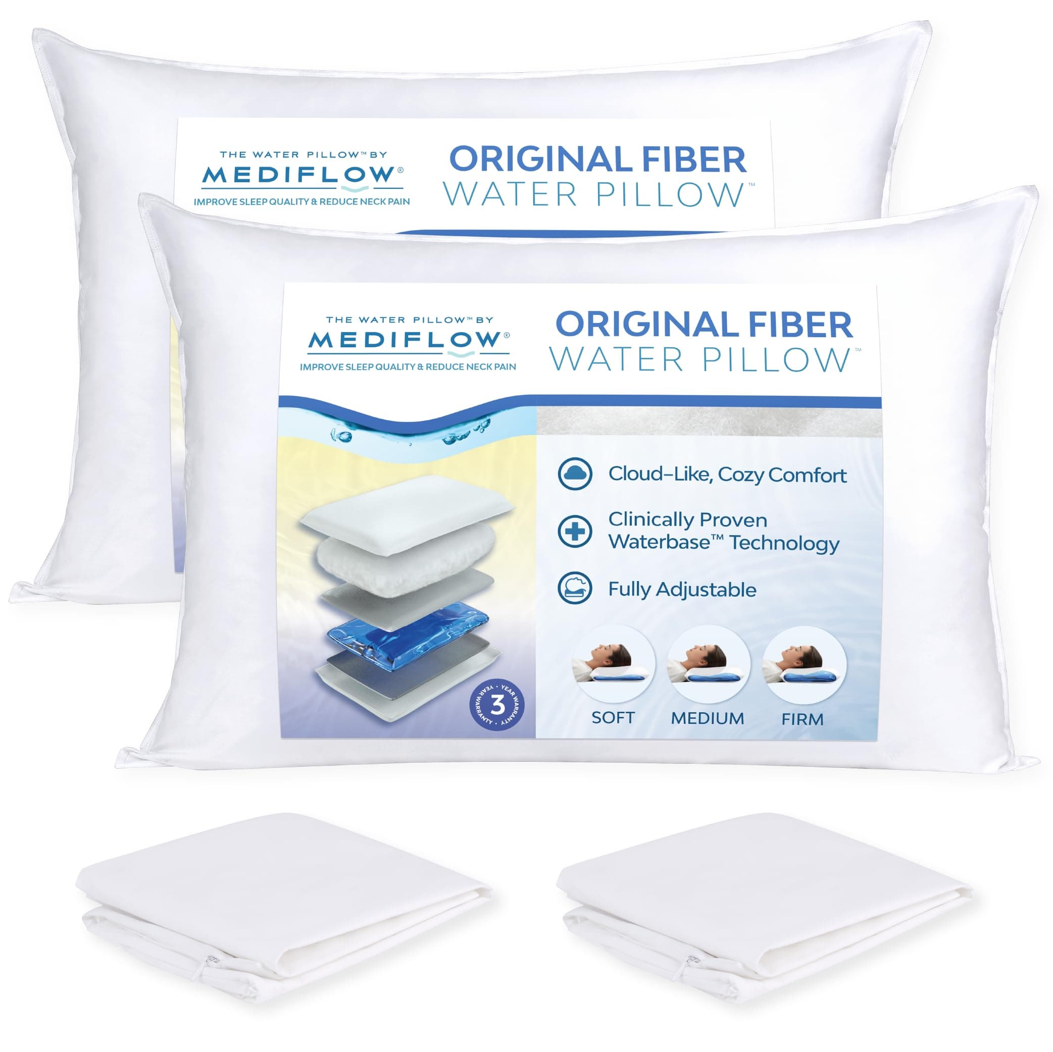 Mediflow Fiber Water Pillow - Adjustable Pillow for Neck Pain Relief, Pillow for Side, Back, and Stomach Sleepers, The Original Inventor of The Water Pillow (2 Pillows, 2 Pillow Protectors)