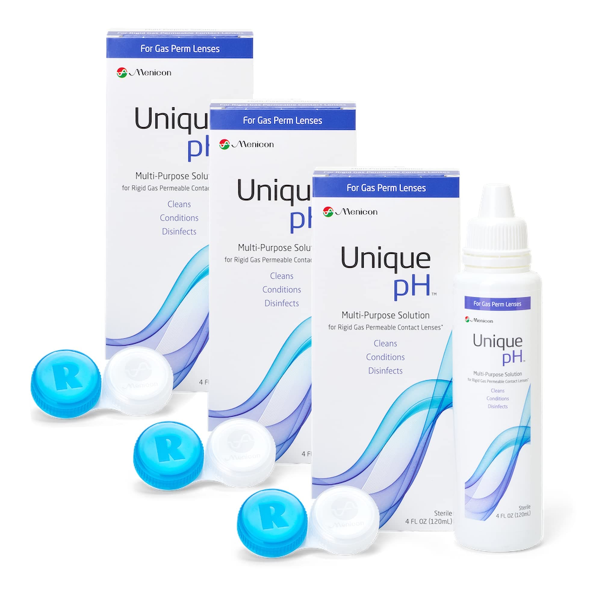Menicon Unique pH Multi-Purpose Solution + RGP Lens Case. THREE 4 fl oz (120ml) bottles