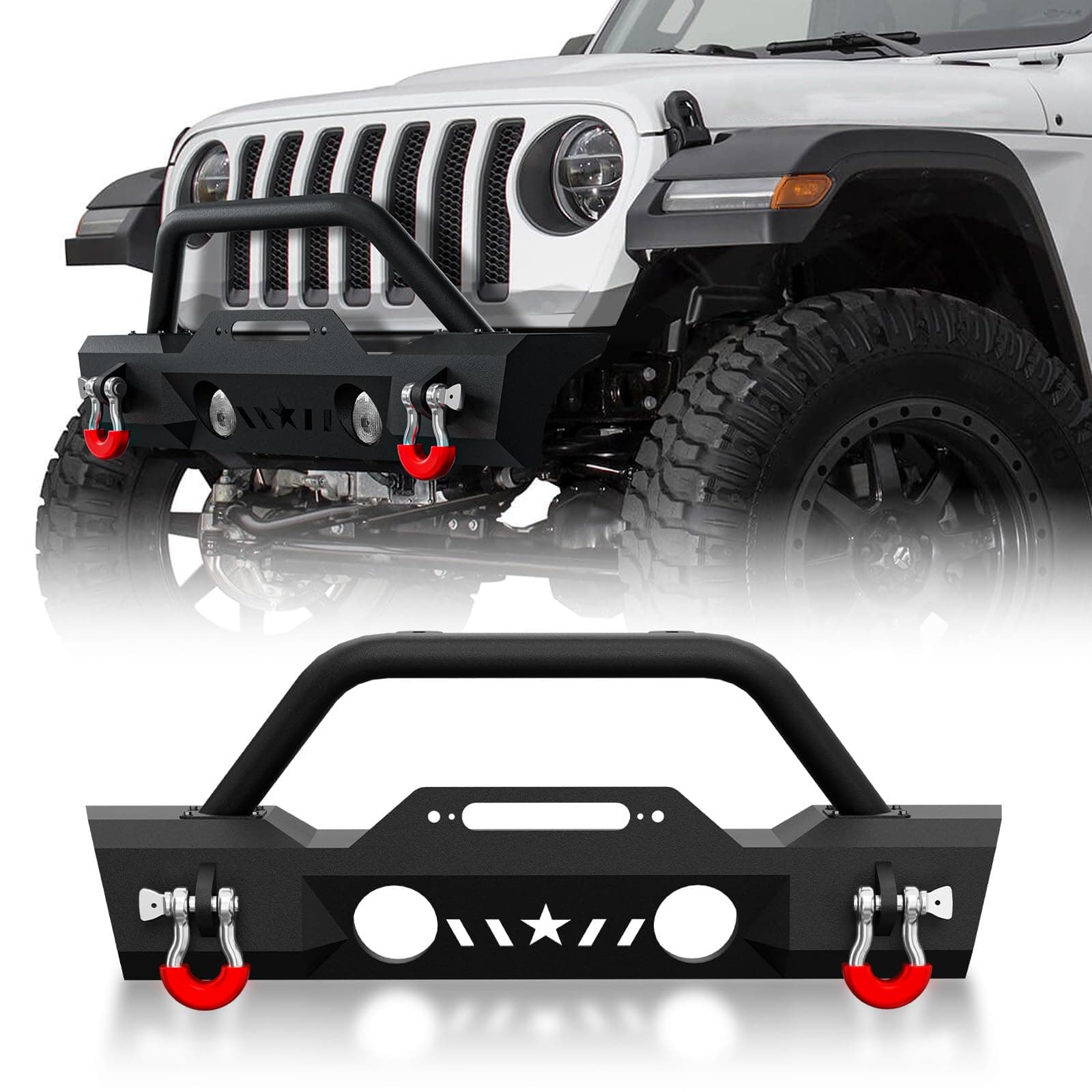 OBNAUX Front bumper compatible with 2007-2024 Wrangler JK JKU JL JLU Unlimited and Glated JT (2/4 Door) Bull Bar Built-in Winch installation boards and 2 d-ring