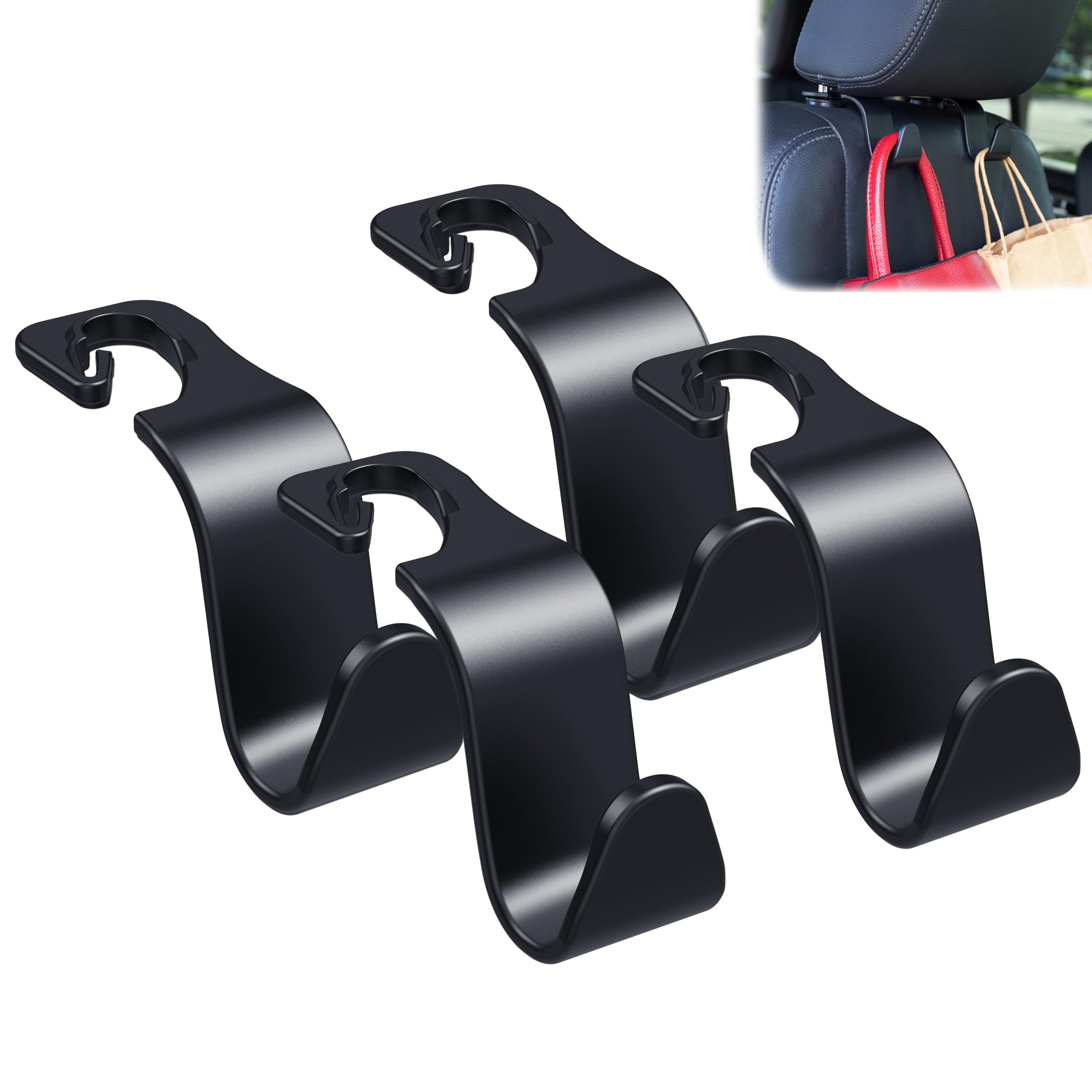 Amooca Plastic Car Seat Headrest Hook 4 Pack Hanger Storage Organizer Universal For Handbag Purse Coat Universal Fit Vehicle Car Black With Buckle