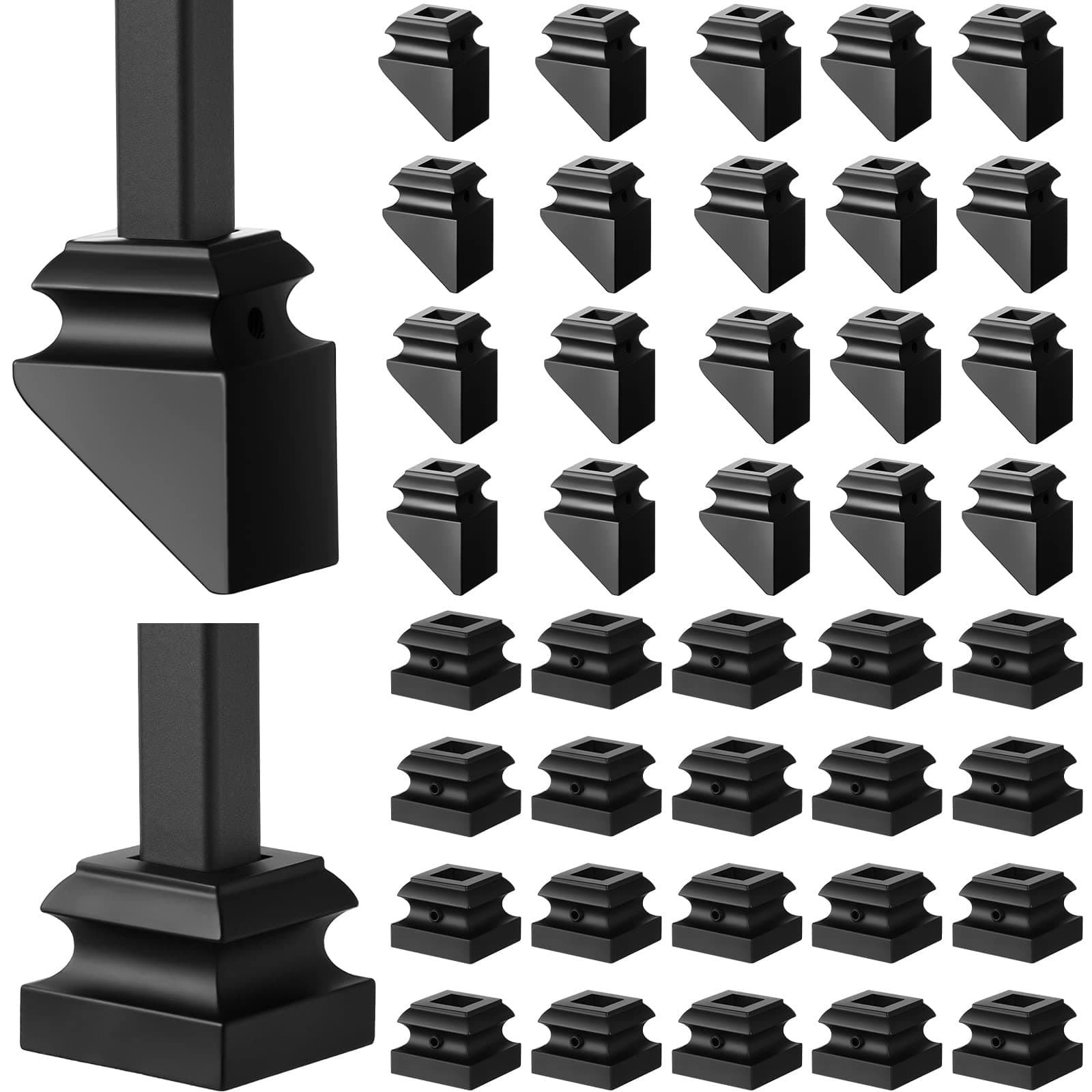 Dunzy Iron Baluster Shoes Include Flat Shoe with Screw and Slant Shoe with Screw Wrought Stair Spindles 1/2 Inch Square Staircase Balusters for Indoor Outdoor Stairs Railing, Satin Black (40 Pcs)