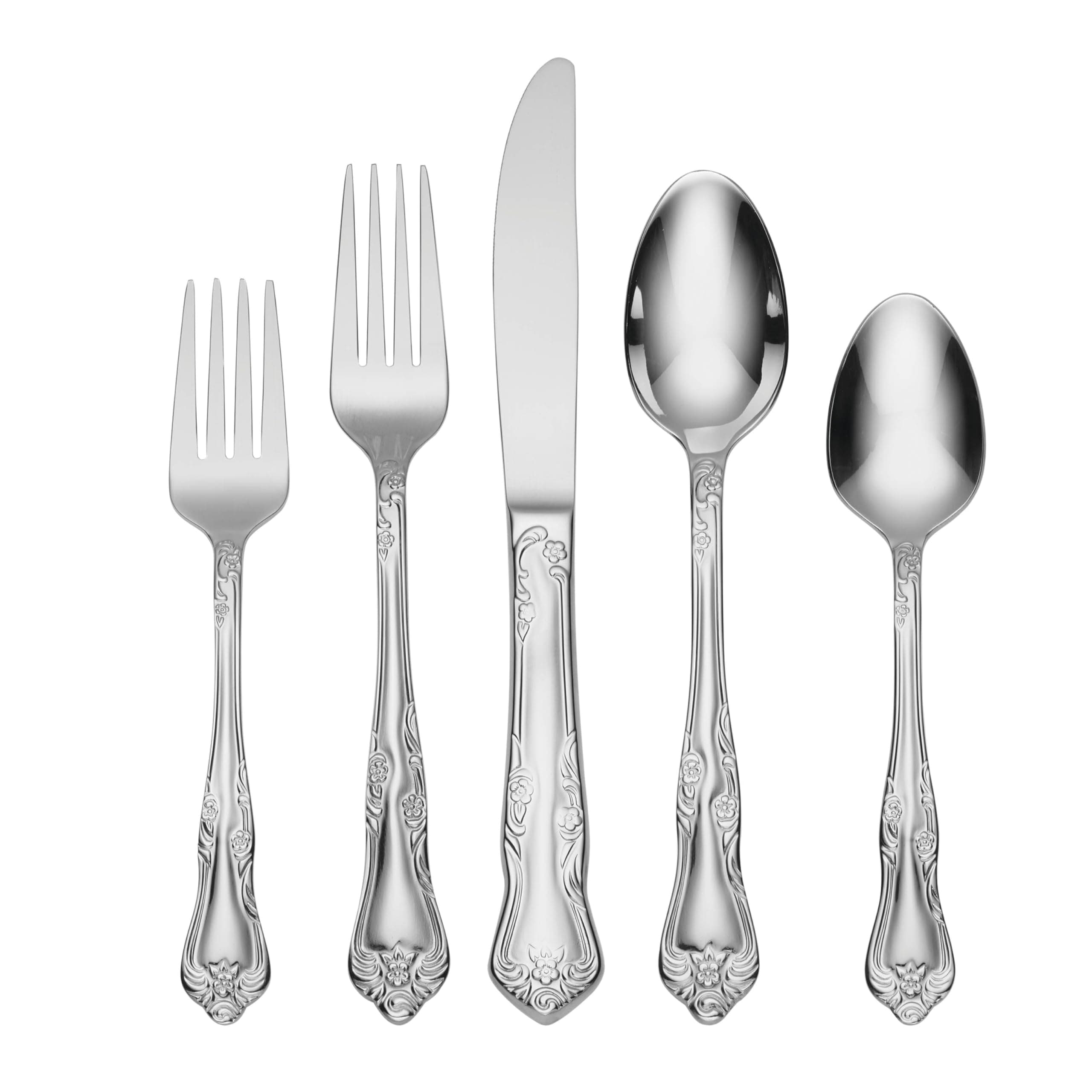 Oneida Silverware Set For 8, Azalea 45-Piece Everyday Flatware Set with Serving Utensils, Floral, Service For 8, 18/0 Stainless Steel, Dishwasher Safe, Knives Spoons And Forks Sets (Silver, 45 Pieces)